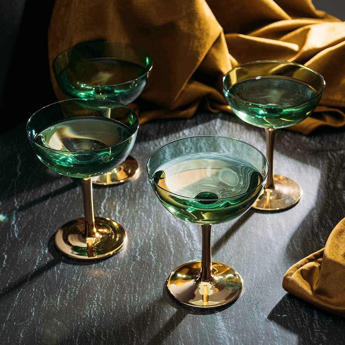 
                  
                    Gold & Green Coupe Art Deco Glasses, Gold | Set of 4 - Curated Home Decor
                  
                