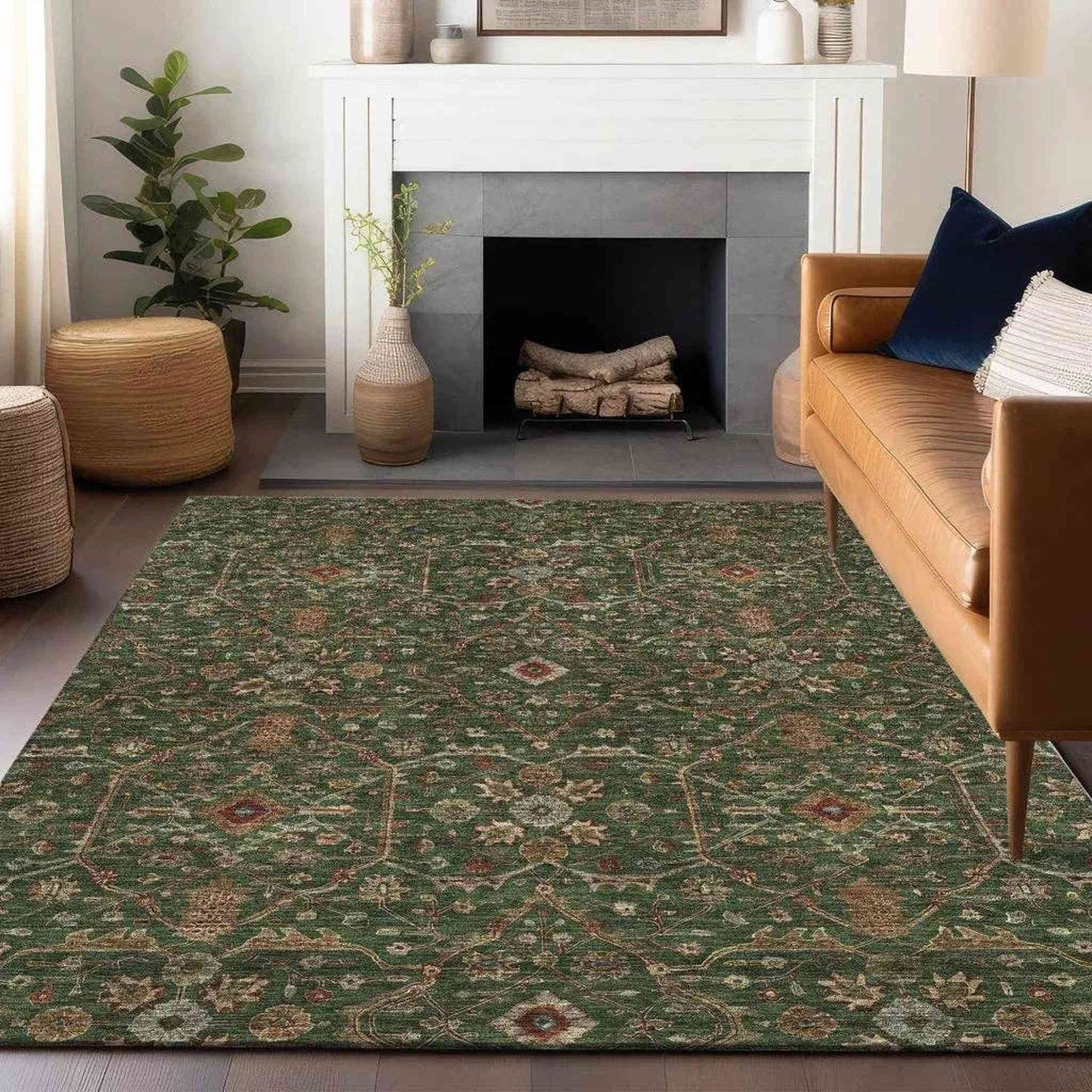 Zara Green Washable Rug with vintage-inspired indoor-outdoor design and non-skid backing