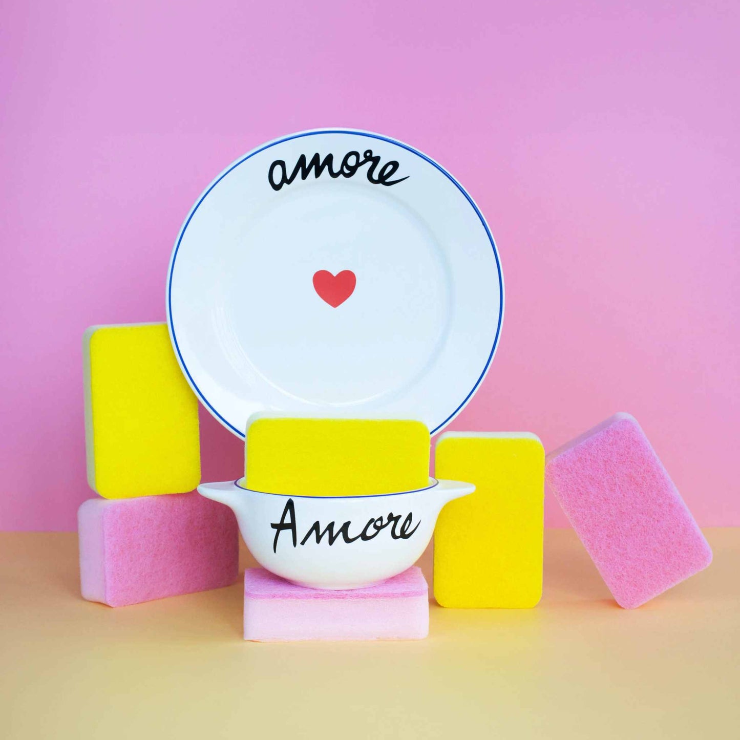 22cm Amore Plate with hand-painted blue rim, red heart center, and "amore" script, French earthenware, dishwasher and microwave safe