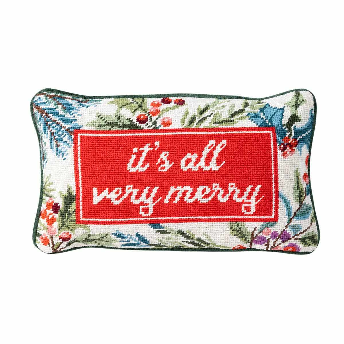 Very Merry Needlepoint Pillow holiday design with embroidered festive message and green velvet backing