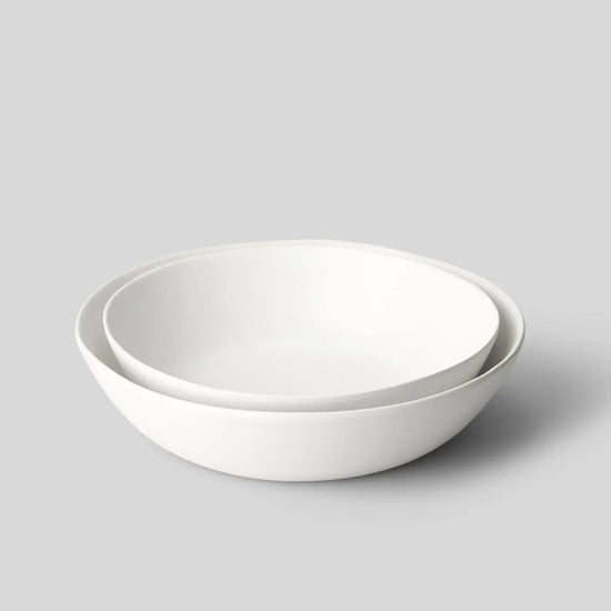 The Low Serving Bowls: Speckled White