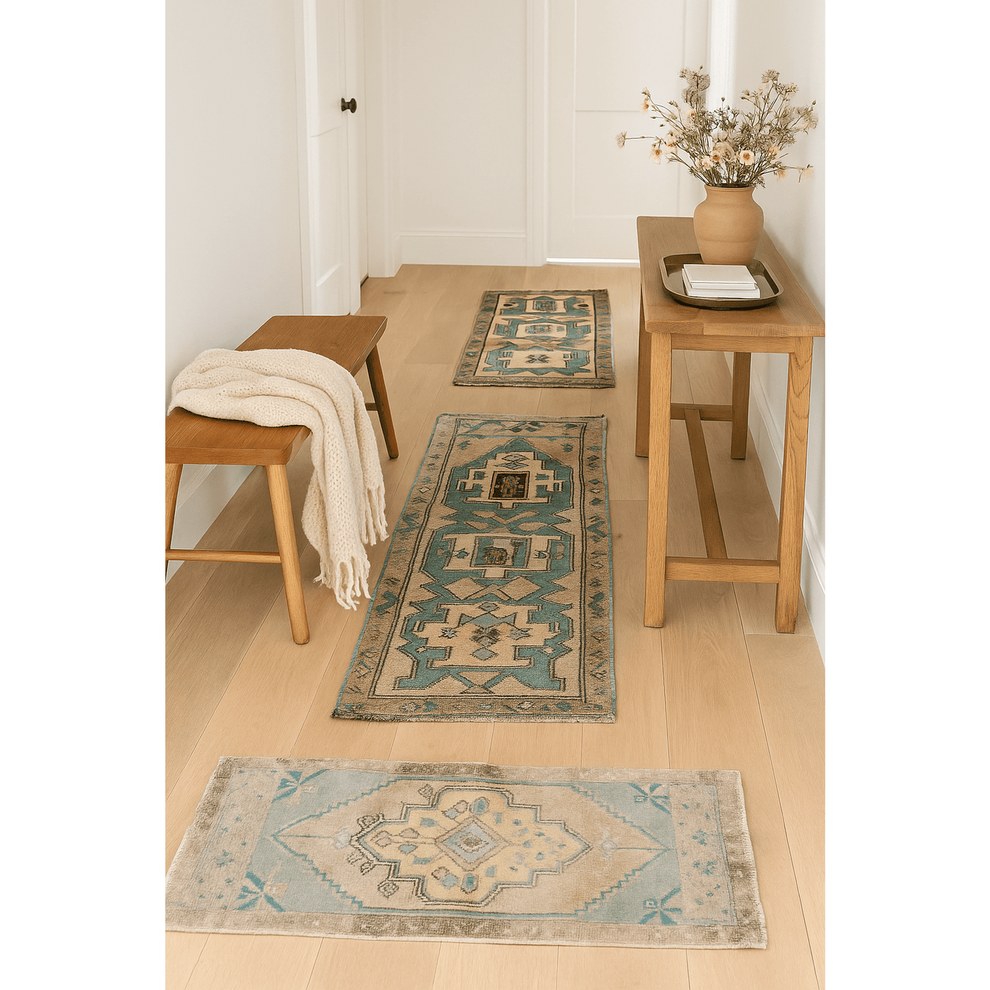 Set of Mini Vintage Turkish Runners in five styles and varied sizes for home decor