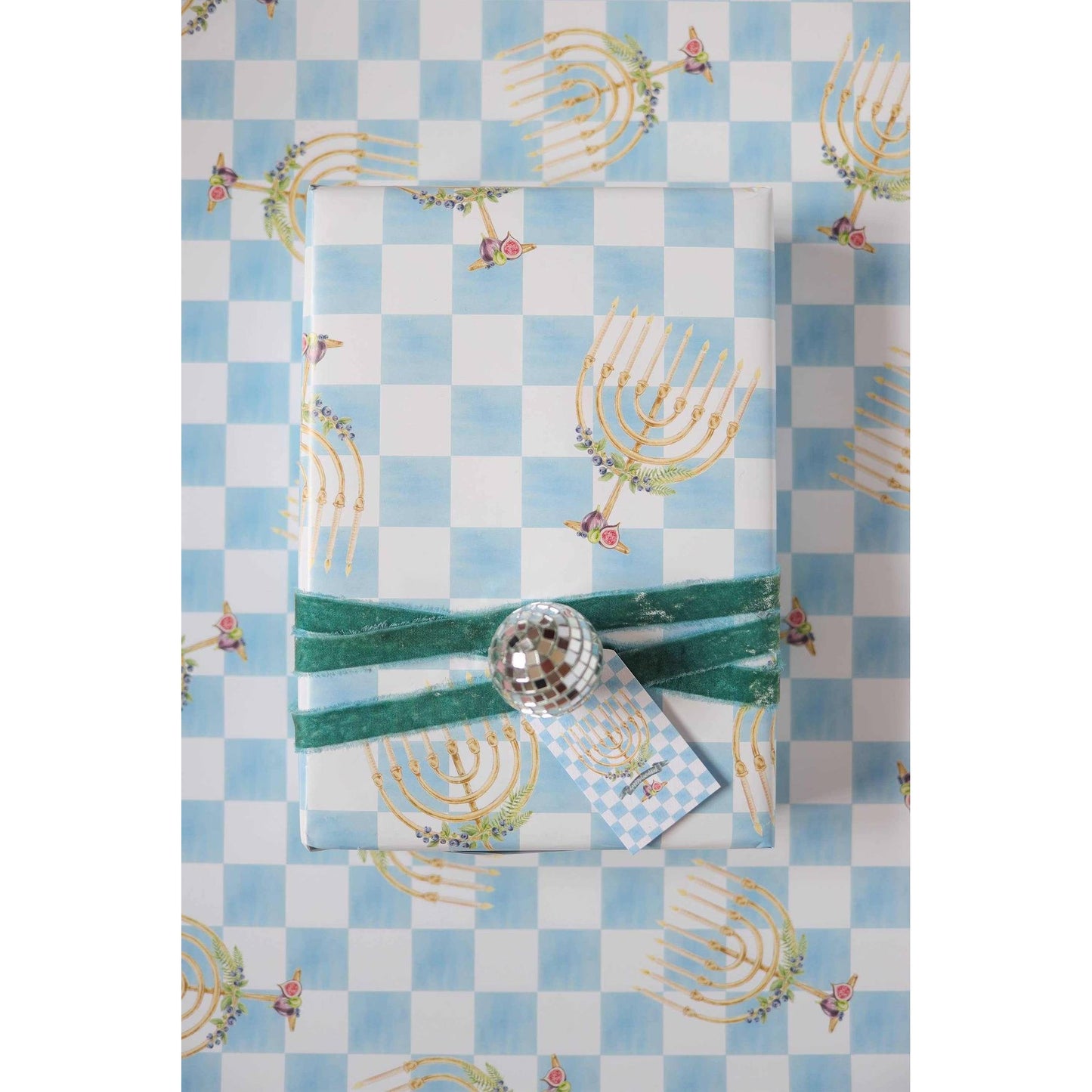 Menorah & Figs blue checker print gift wrap with hand painted menorah design on glossy paper