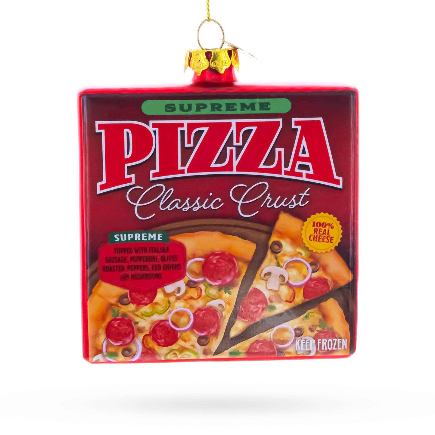 Hand-painted Supreme Pizza Box glass ornament with vibrant colors and hanging cord