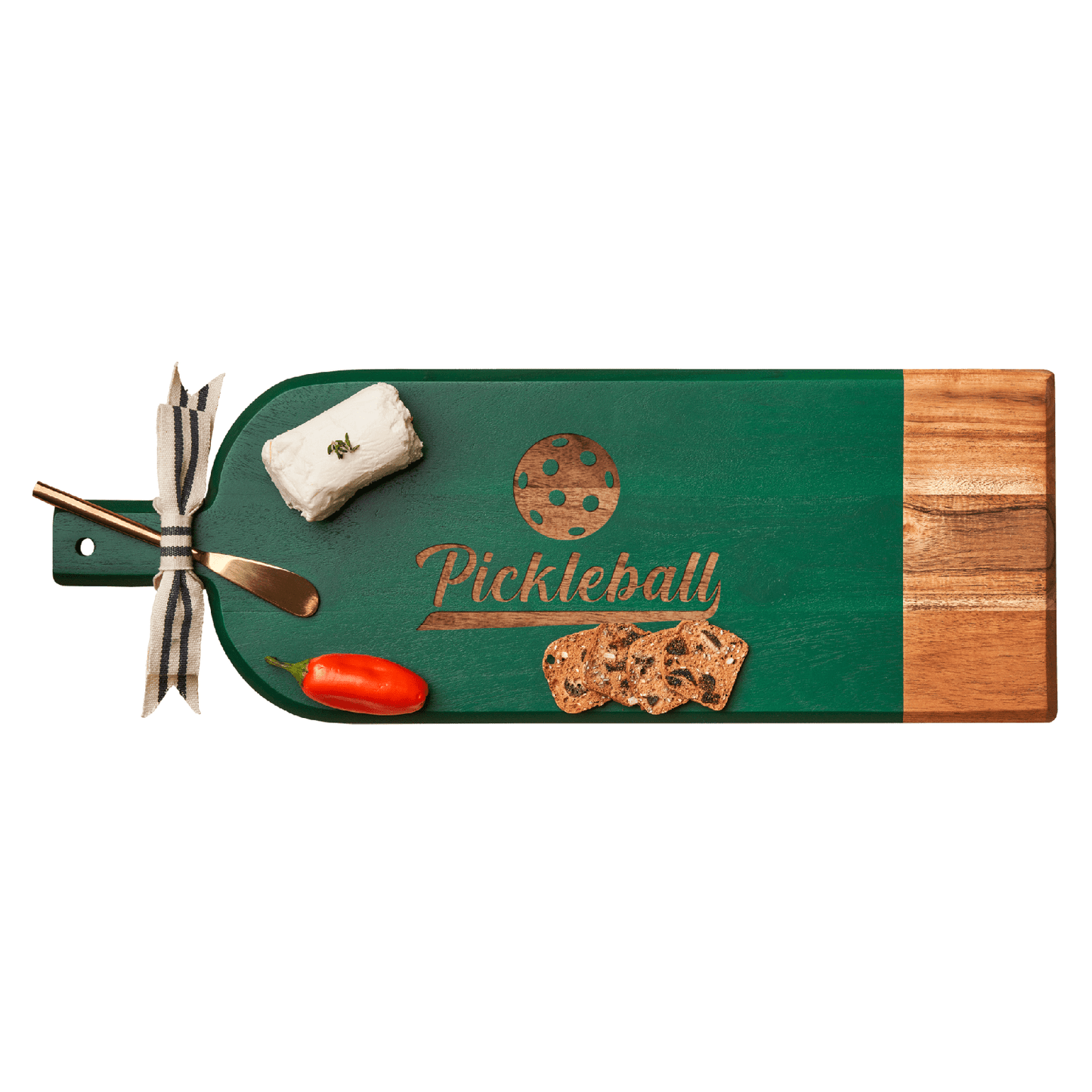 Acacia Bevel Board Green w/ Ribbon & Spreader "Pickleball" - Curated Home Decor