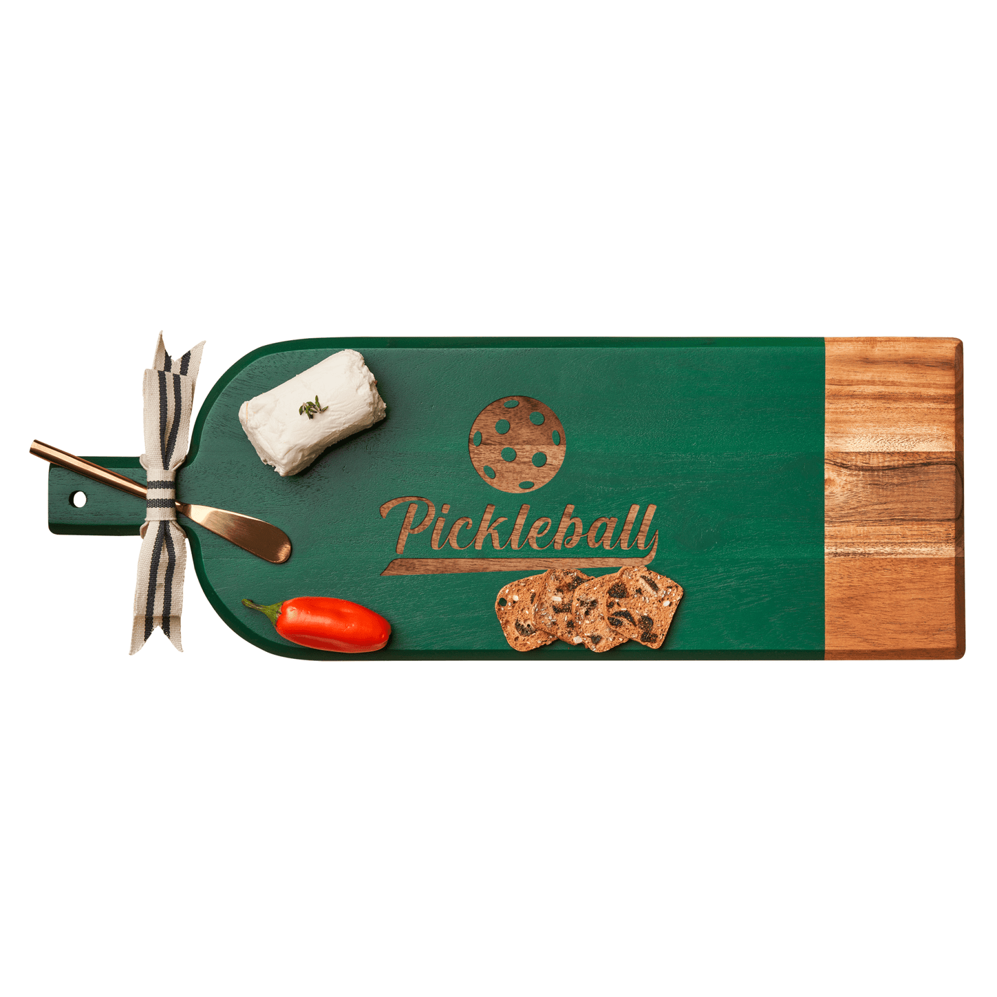 Green acacia bevel board engraved with Pickleball, featuring ribbon and spreader knife with cheese and crackers