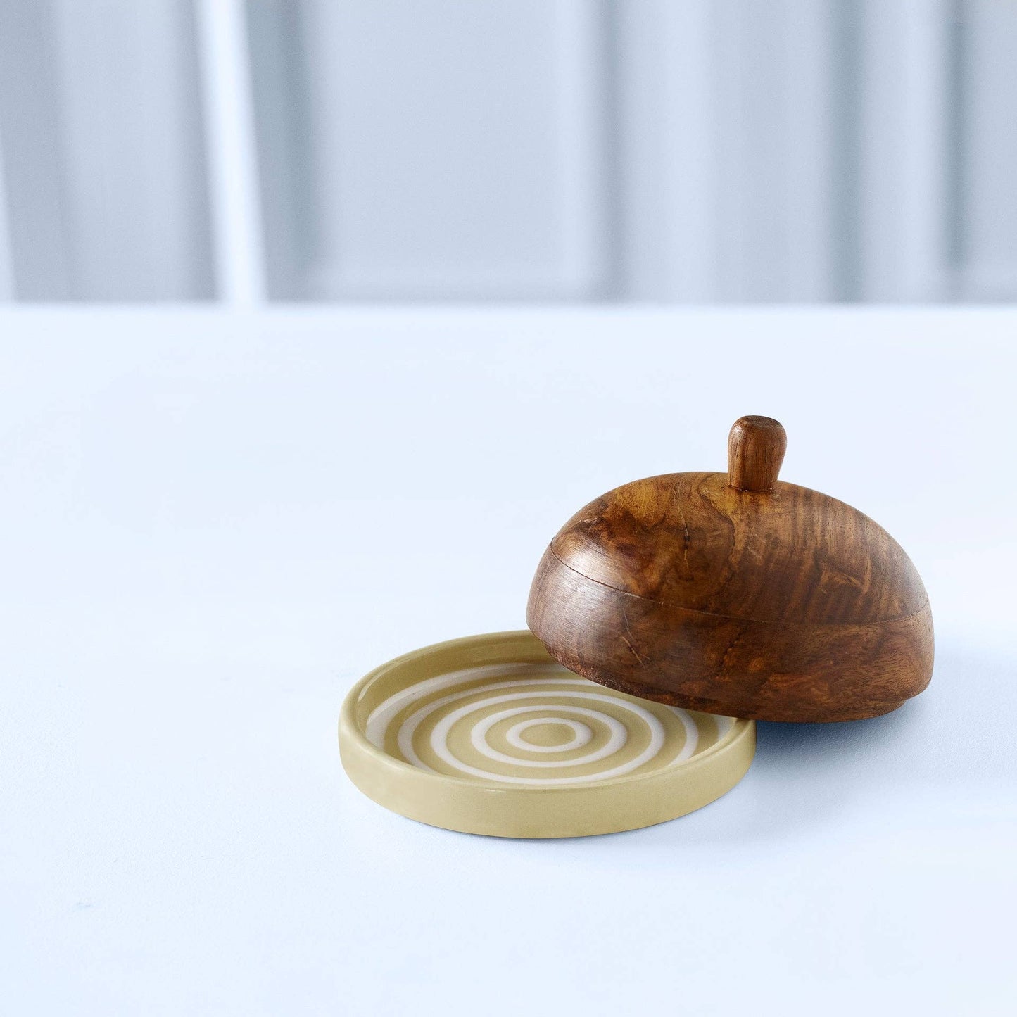 Lemon Striped Ceramic Butter Dish with Mango Wood Lid - Curated Home Decor