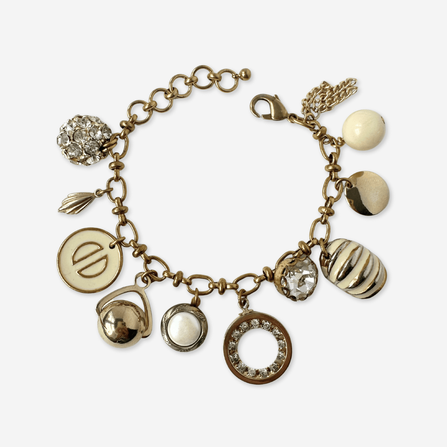 Repurposed vintage cream and gold charm bracelet with beads and rhinestones on adjustable brass chain