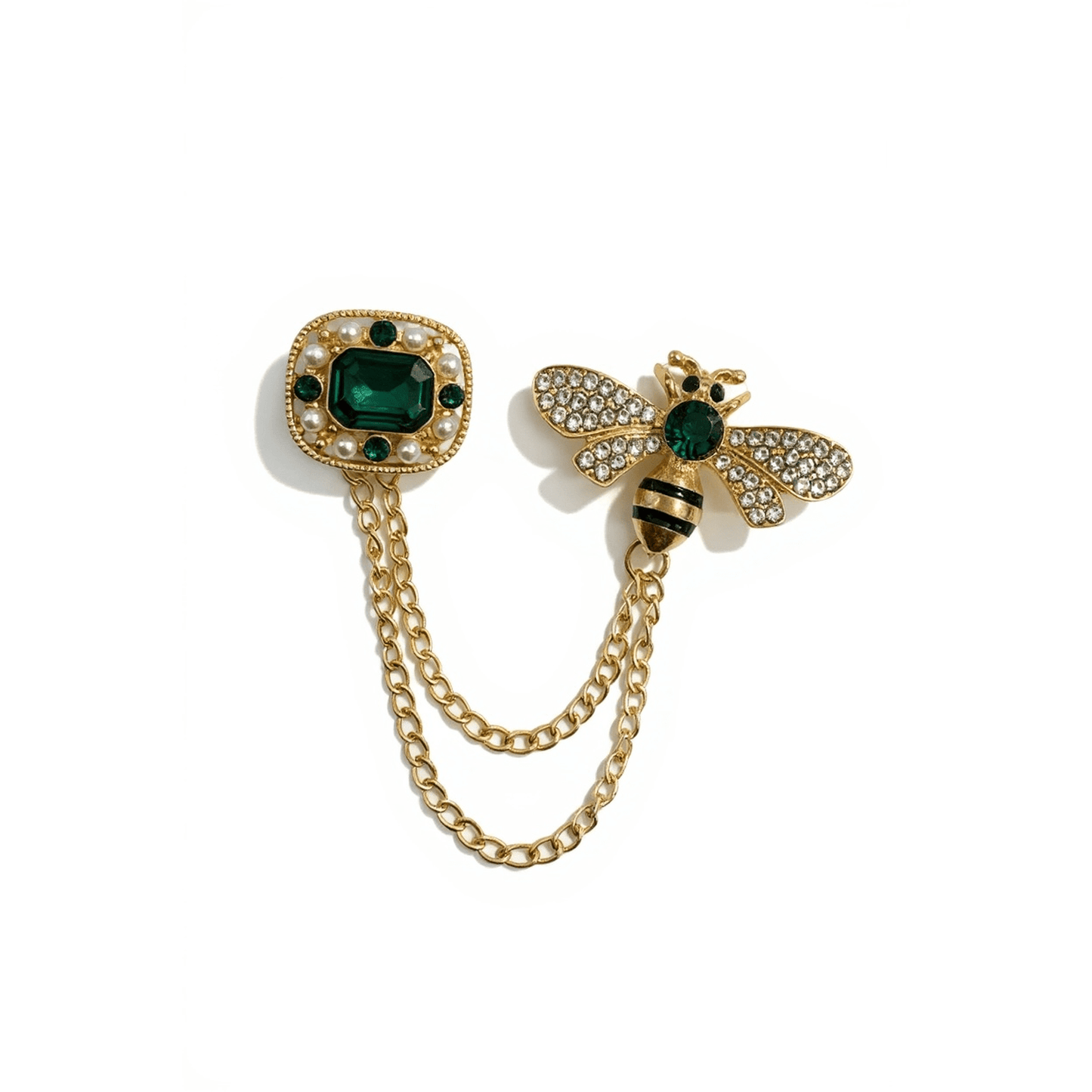 Vintage-inspired gold-tone bee brooch with emerald crystals and pearl accents connected by draped chains