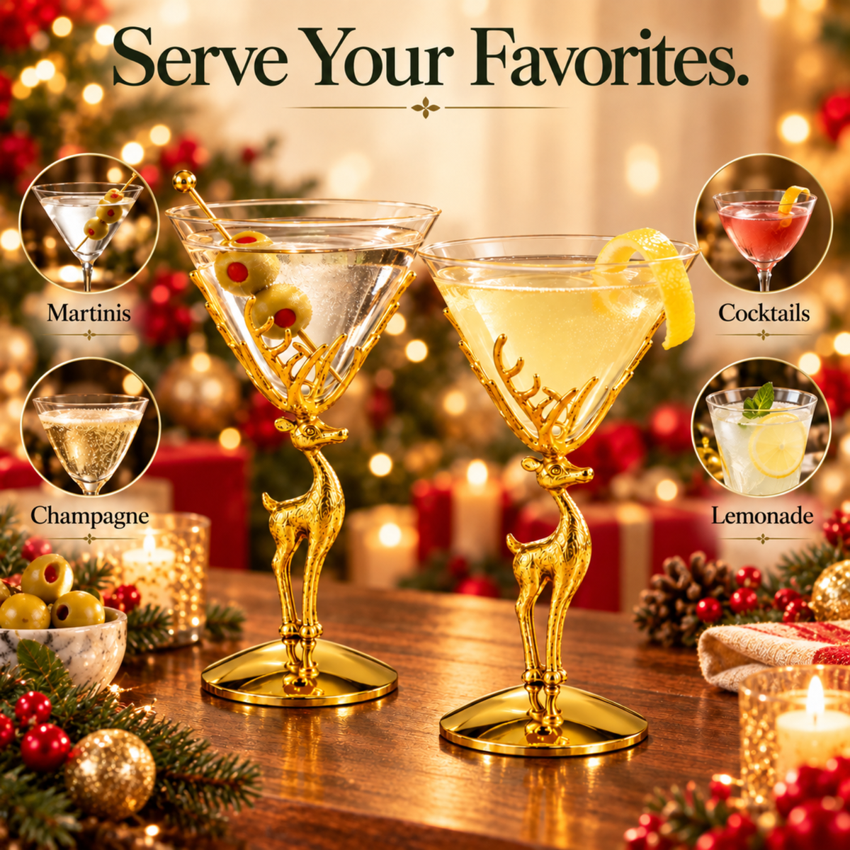 
                  
                    Golden Standing Stag Martini Glasses, Set of 2 - Curated Home Decor
                  
                