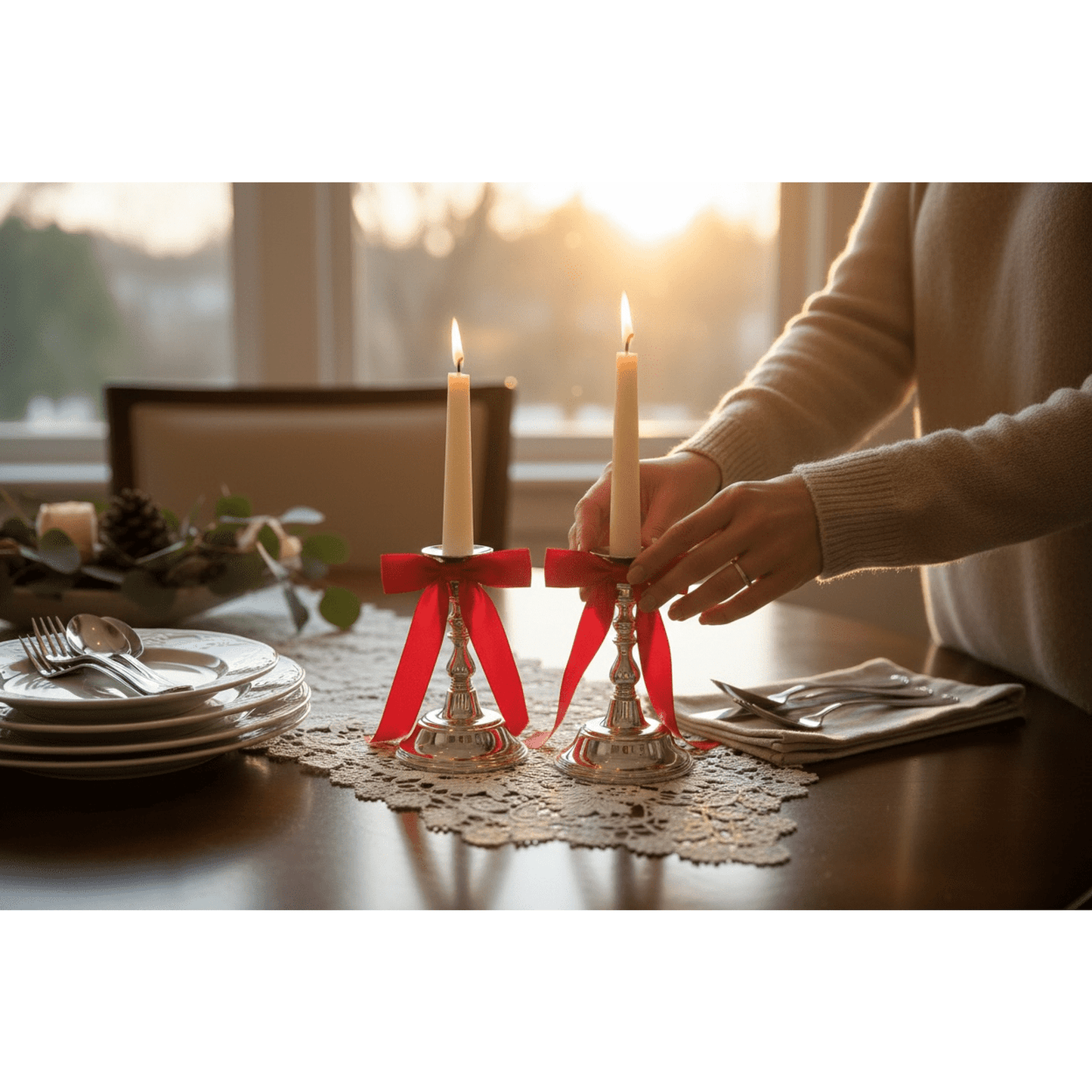 Pair of vintage silver plated candlesticks with red satin bows holding lit taper candles on a dining table.