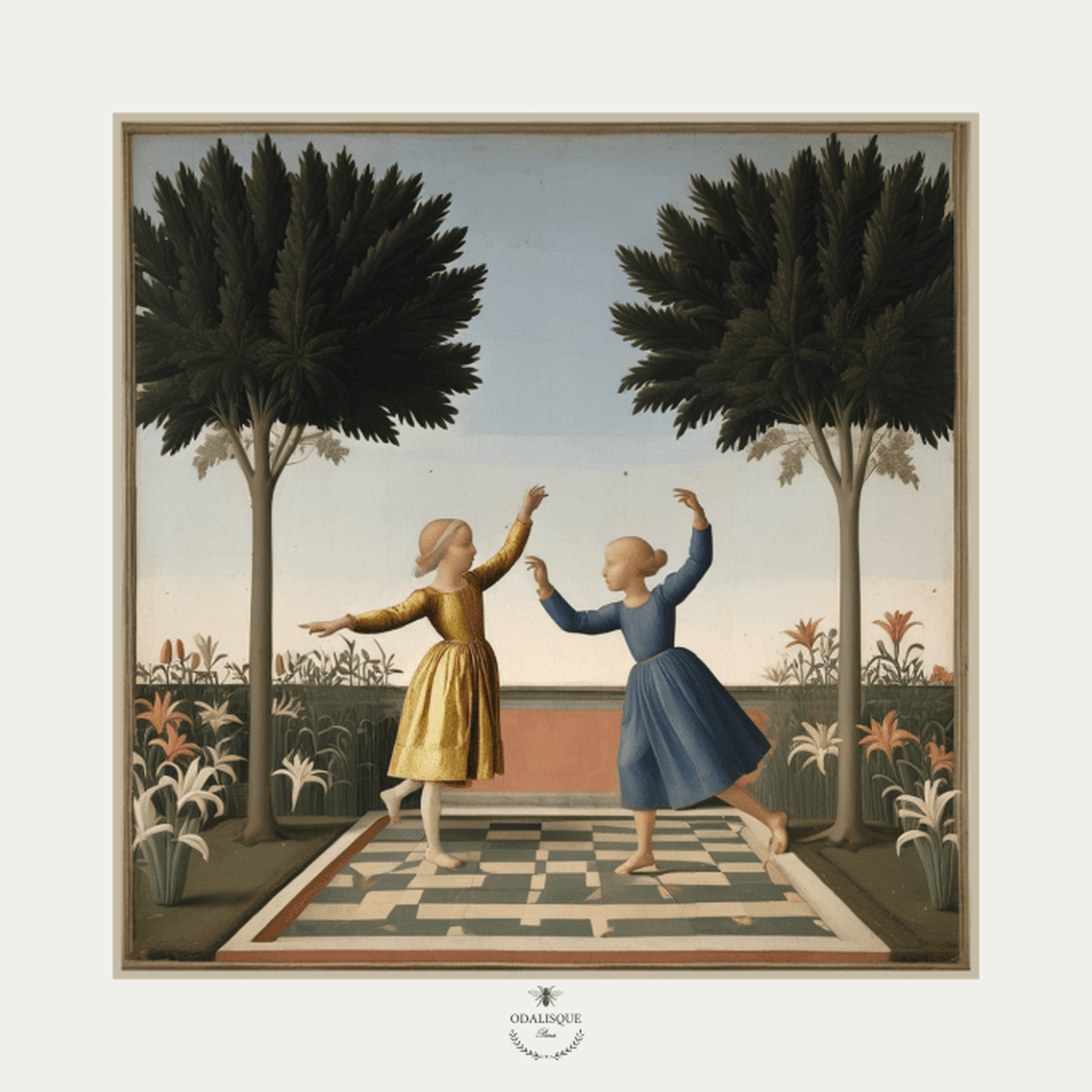 The Orange Tree framed art print featuring a Mediterranean garden scene with two children dancing under orange trees in a classical setting