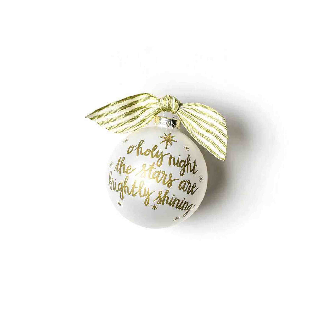 Stars Are Brightly Shining glass ornament with metallic gold lettering and glitter accents, inspired by O Holy Night carol, with gold-striped ribbon bow.