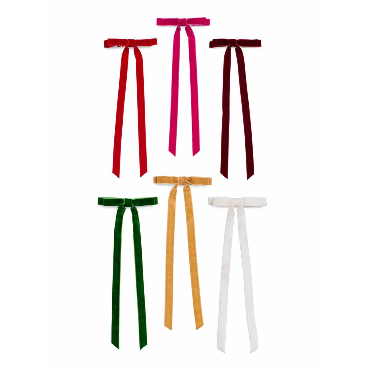 
                  
                    Set of 6 multicolor velvet-look decorative bows with long tails and metal clips for holiday decor
                  
                