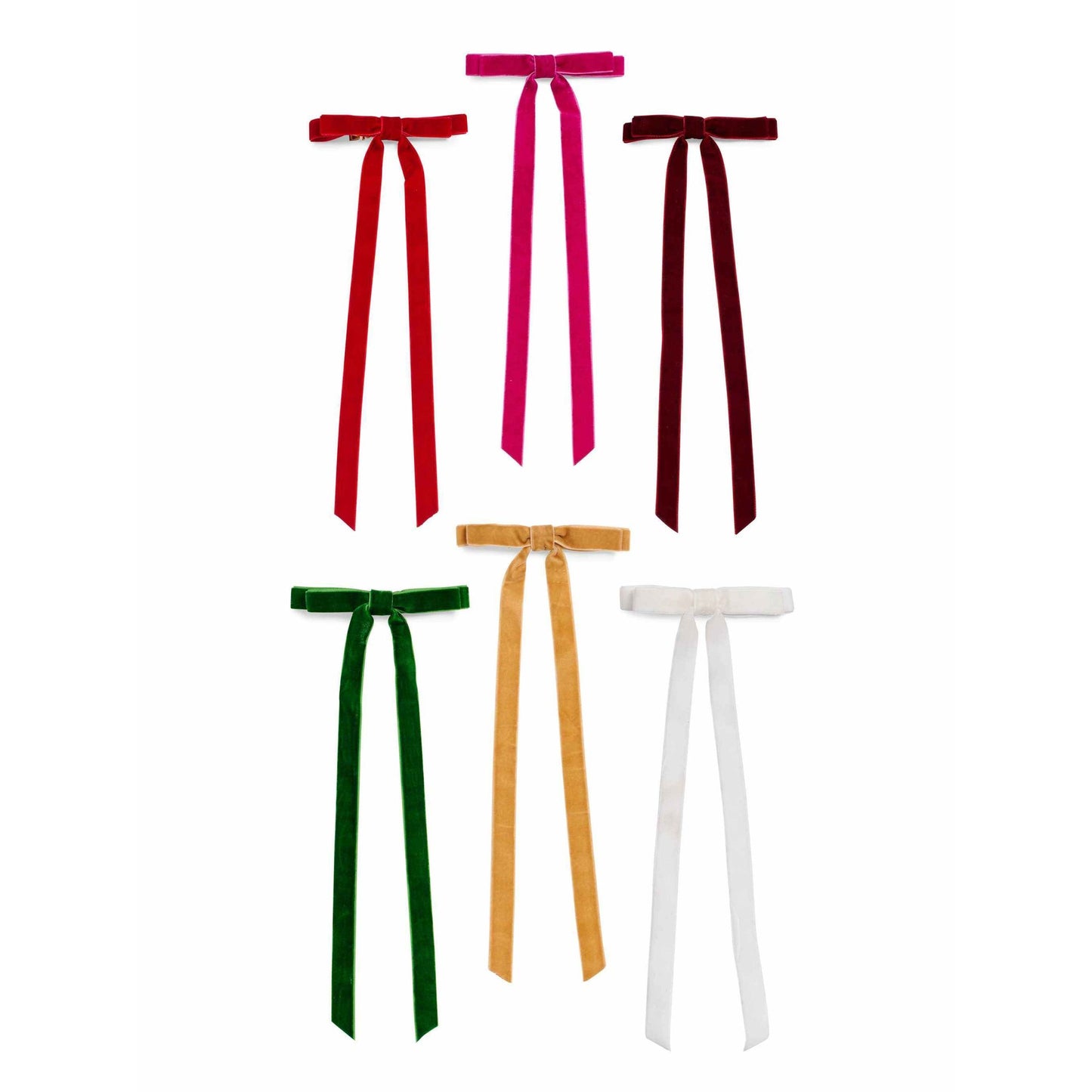 Set of 6 multicolor velvet-look decorative bows with long tails and metal clips for holiday decor