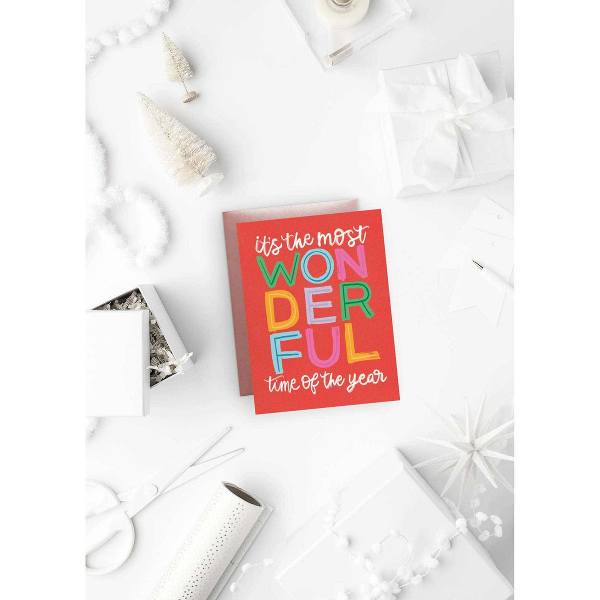 Most Wonderful Time Card colorful holiday greeting card with pink A2 envelope and festive decor