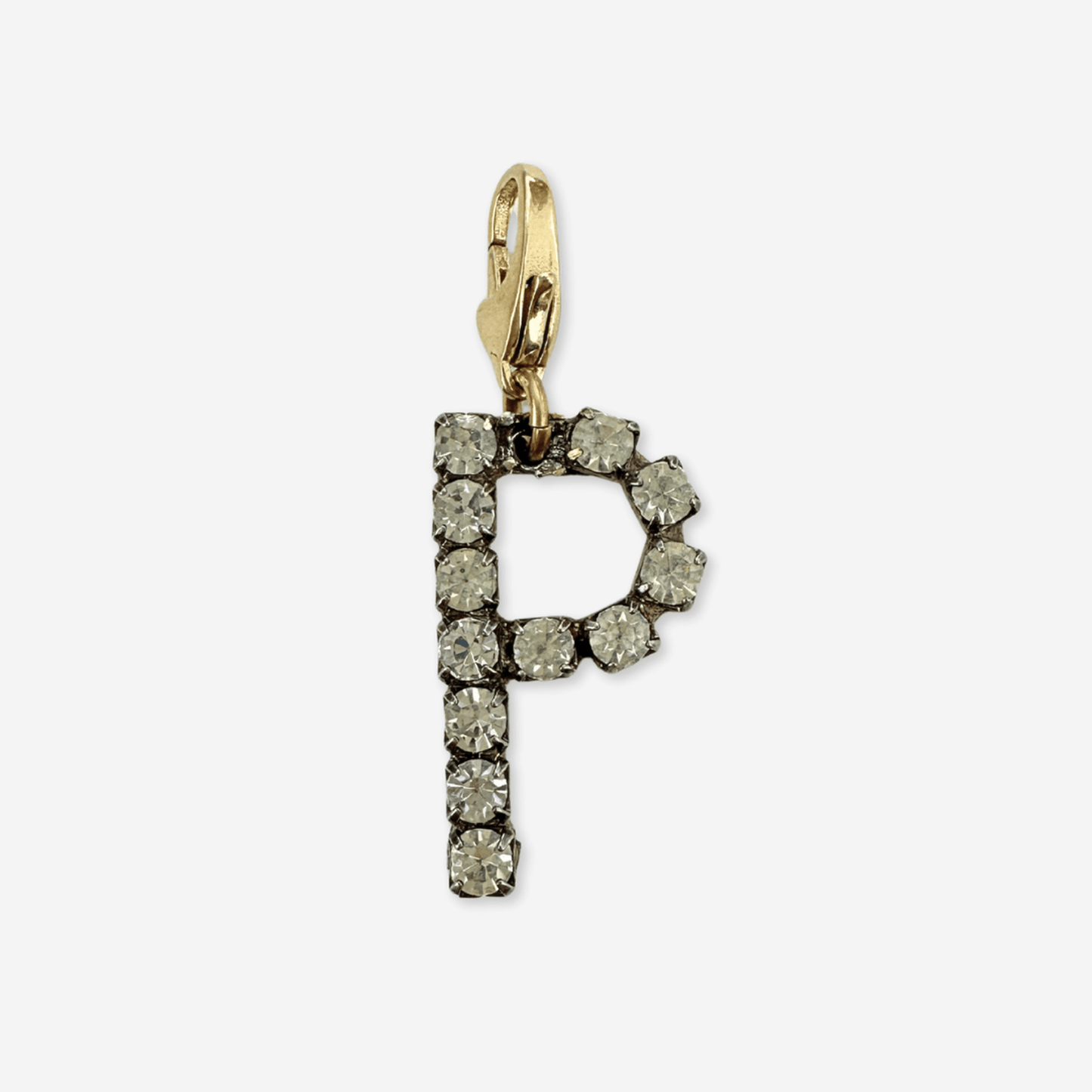 Vintage clear rhinestone "P" monogram charm with silver tone prong setting and raw brass lobster clasp