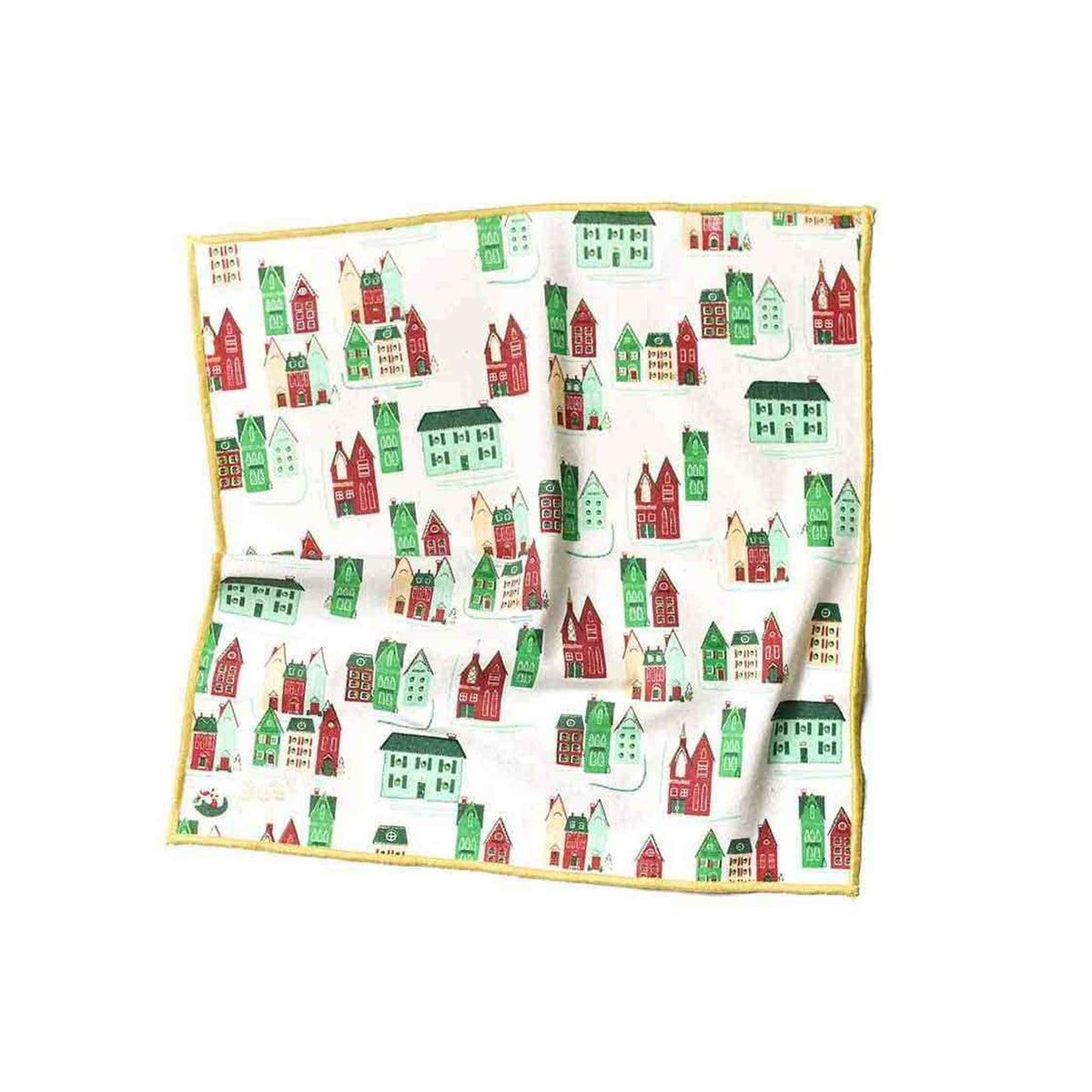 
                  
                    Set of four 18-inch Flying Santa Dinner Napkins with 1950s-style houses, flying Santa illustration, stitched gold border, and soft linen fabric
                  
                