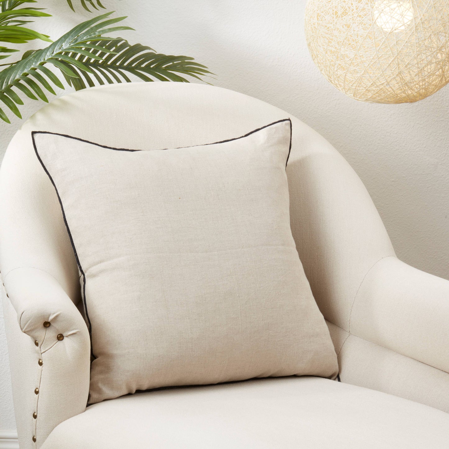 Linen Stonewashed Stitched Boarder Throw Pillow: Black/Natural / Down Filled / 20" - Curated Home Decor