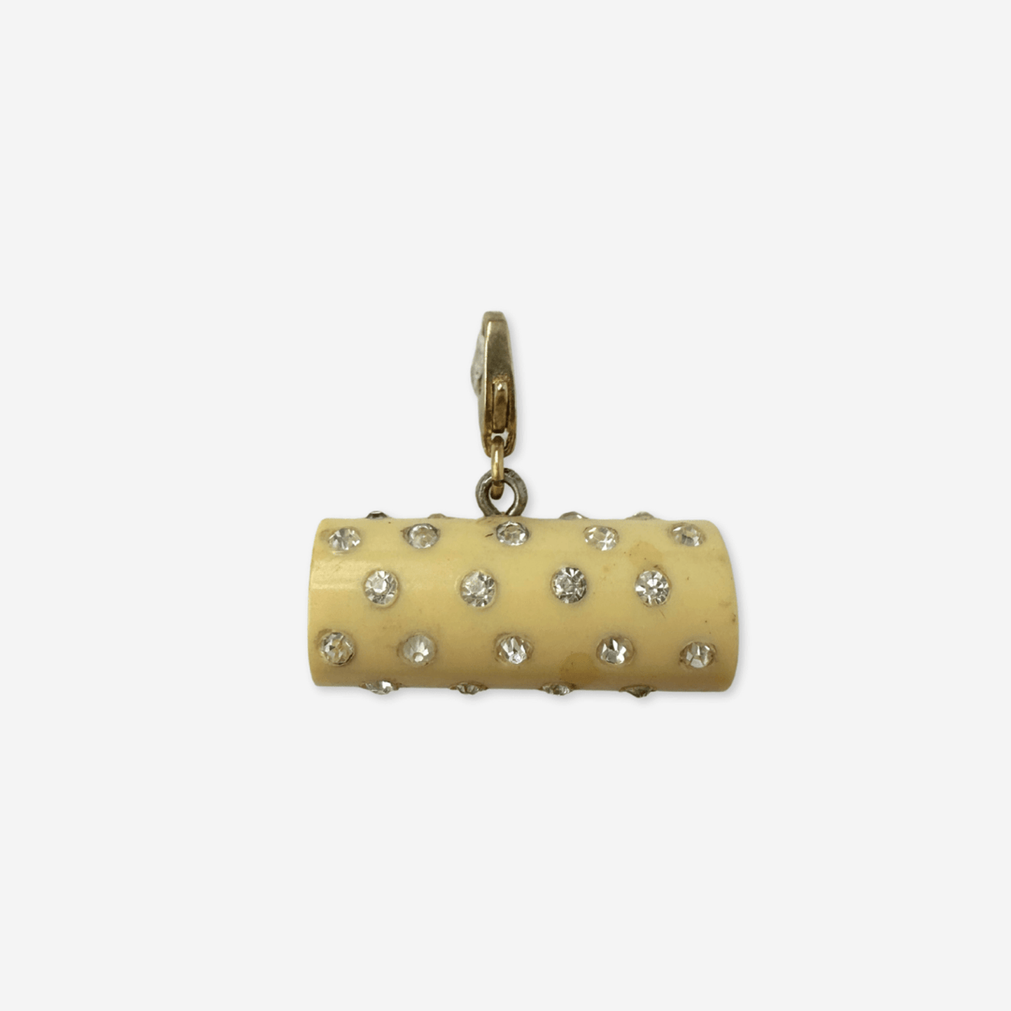 Vintage pale yellow rhinestone cylinder charm with raw brass lobster clasp