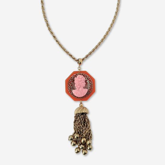 Pink and Orange Bakelite Vintage Cameo Pendant Necklace