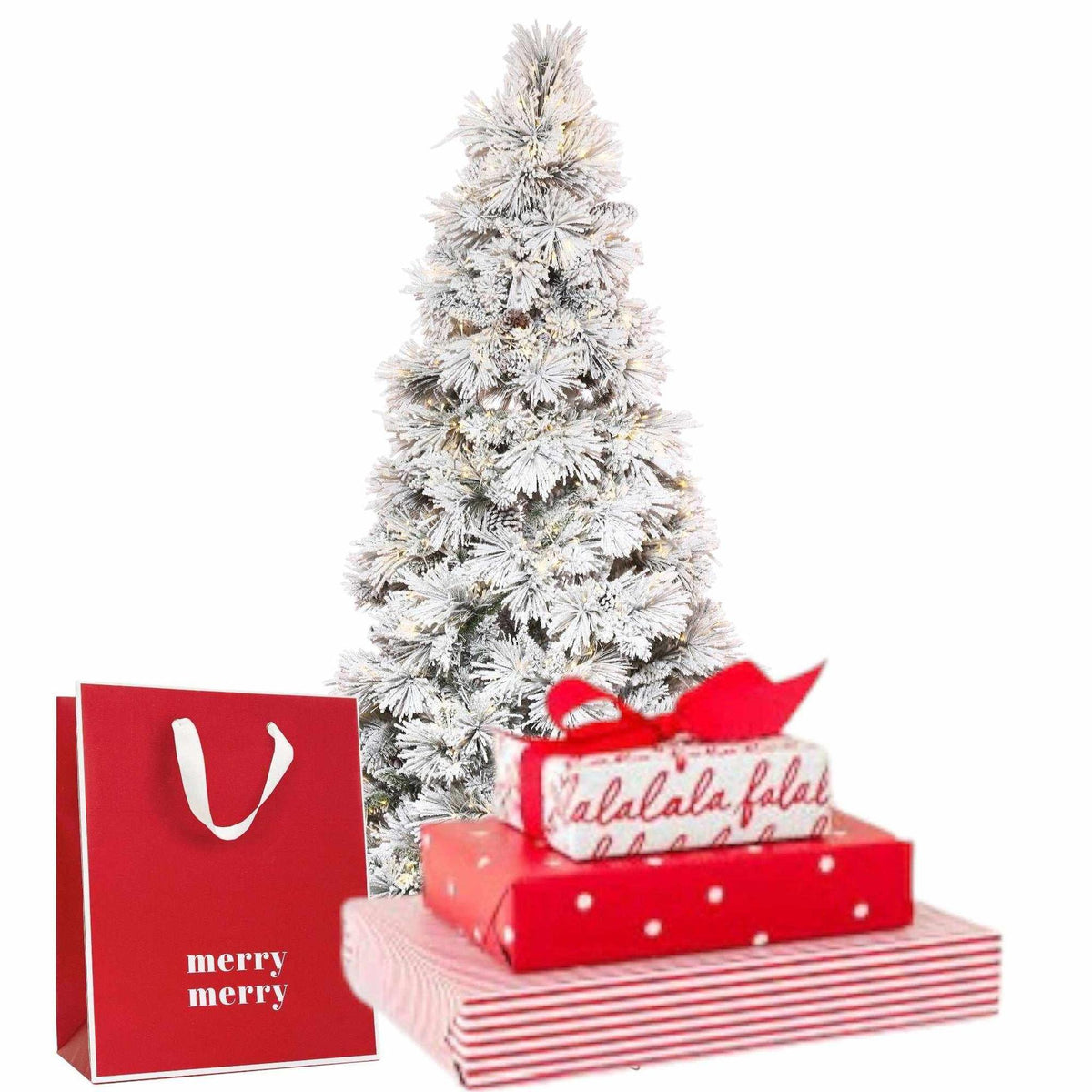 
                  
                    Sugar Paper red Merry Merry gift bag with white grosgrain ribbon handle next to snowy Christmas tree and wrapped presents
                  
                