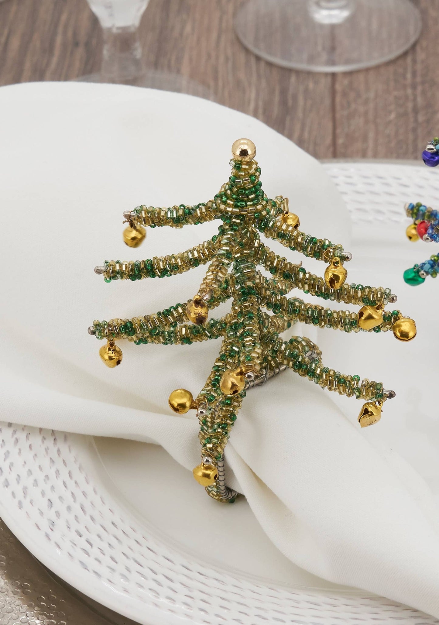 Saro Lifestyle - Beaded Christmas Tree Napkin Ring: Green - Curated Home Decor