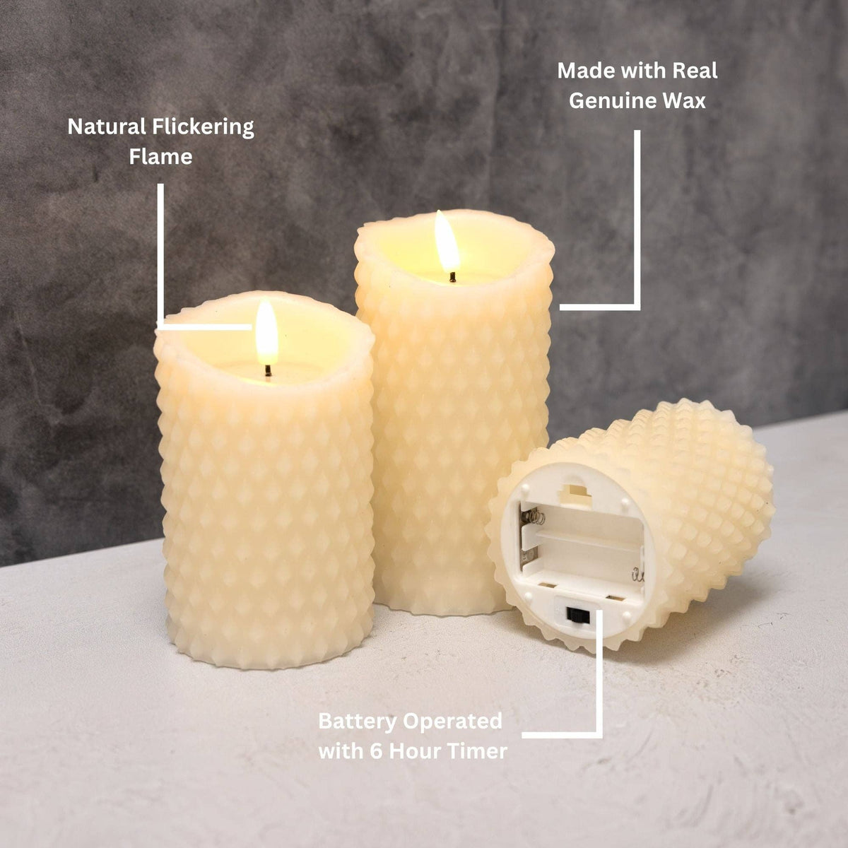 
                  
                    Battery-Operated Textured Candles, Set of 3 - Curated Home Decor
                  
                