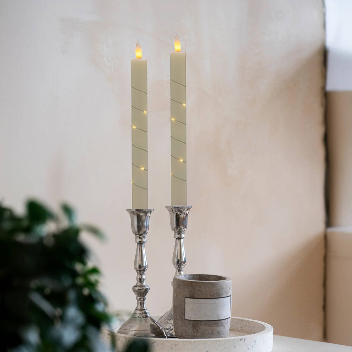 Battery-Operated Wax Taper Candles with Fairy Lights, Set of 2 - Curated Home Decor