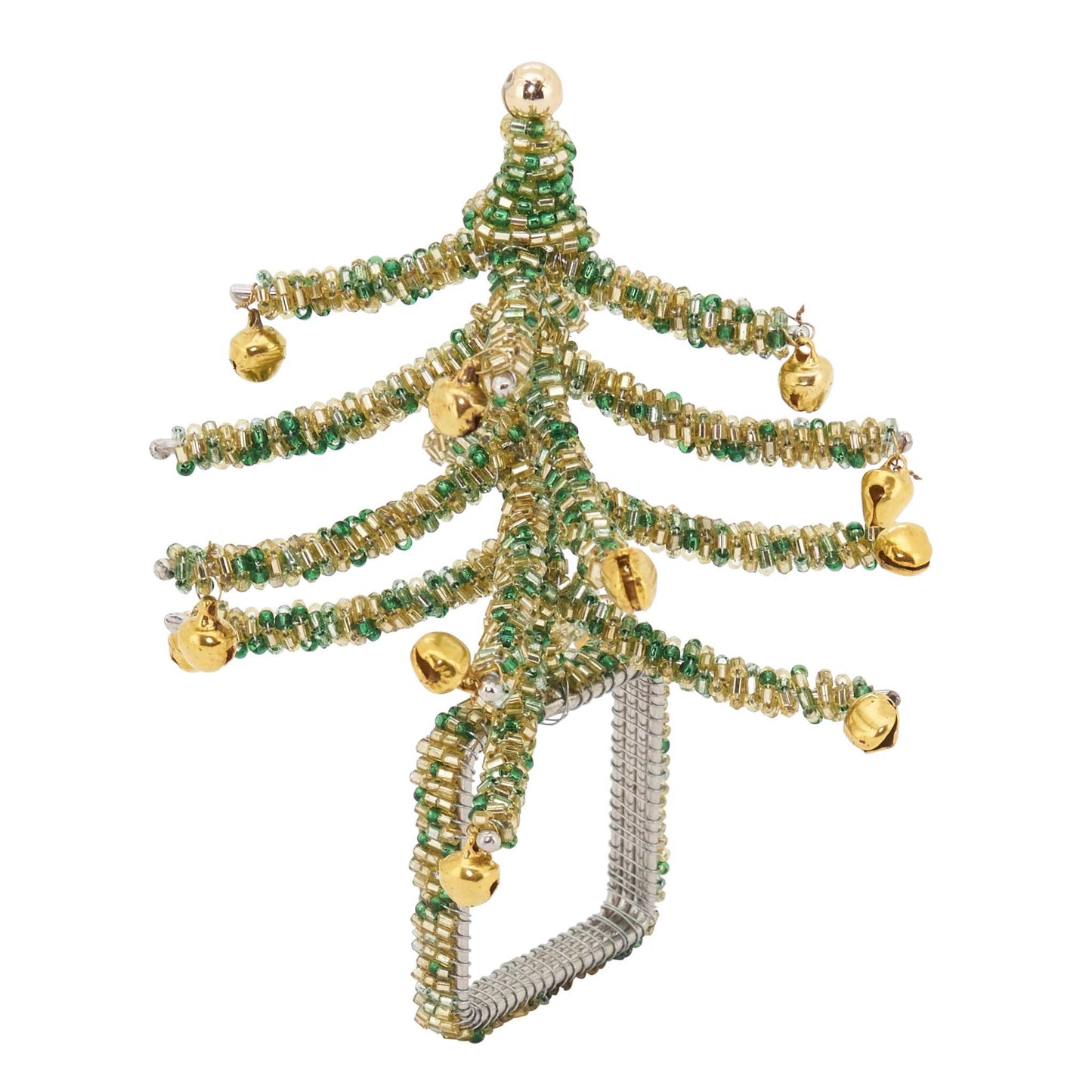 Green beaded Christmas tree napkin ring with gold bells decorative holiday tabletop accessory