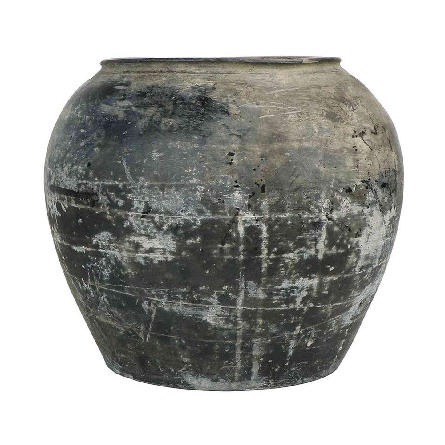 Vintage hand-crafted clay Cunmin Pot from China, used for fermenting rice wine, now a rustic planter or decorative piece