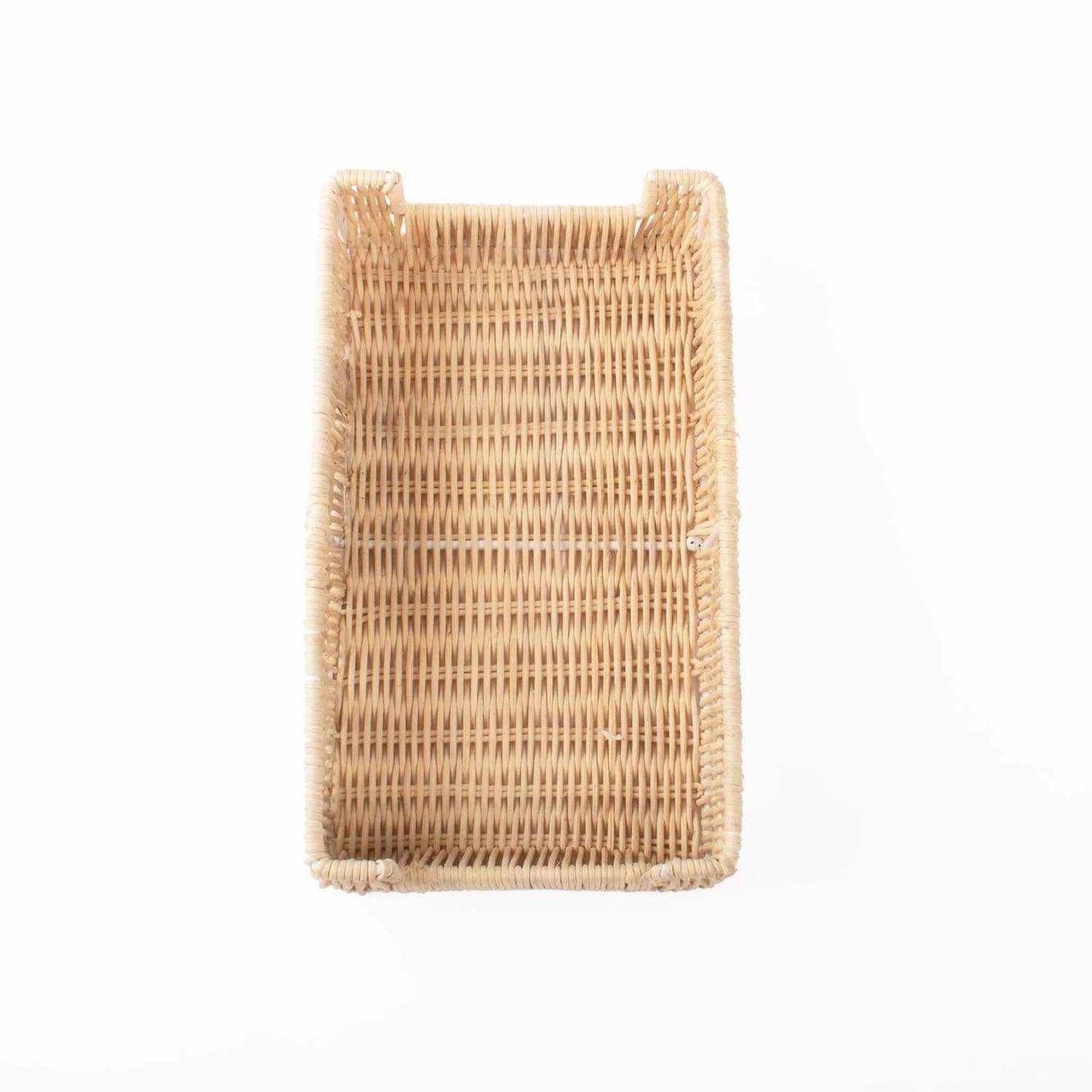 Natural rattan guest towel tray with basketweave pattern for bathroom or bar cart use