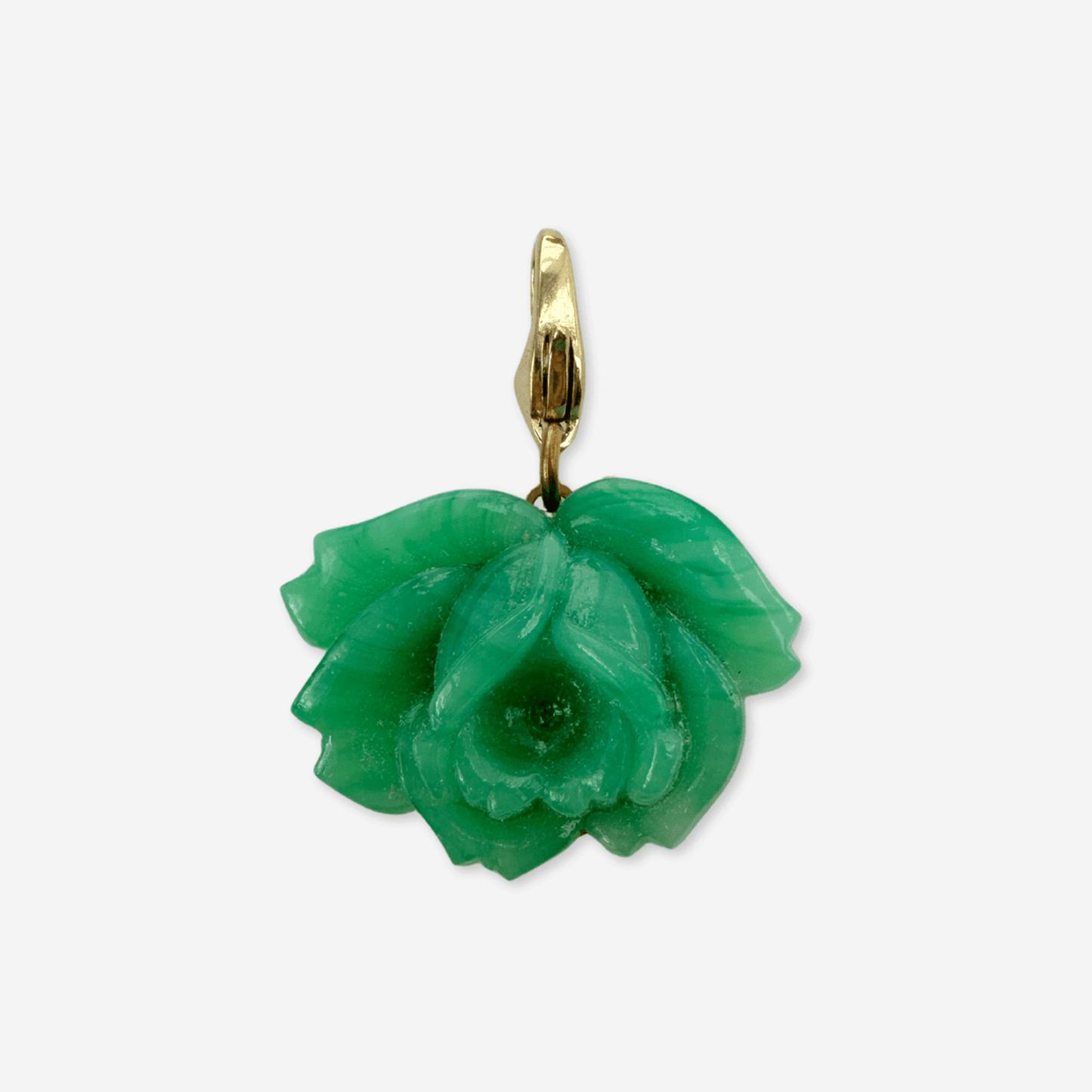 Vintage Japanese green jade glass rose charm with brass lobster clasp
