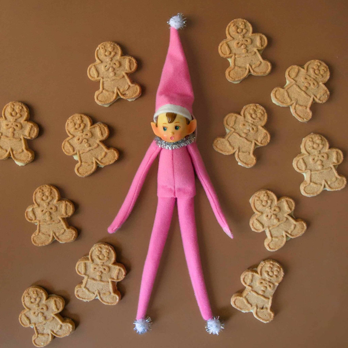 Pink Elf Ornament Merry Mable with bendable limbs and festive tinsel collar surrounded by gingerbread cookies