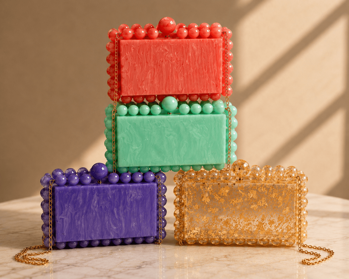 Beaded Acrylic Box Clutch with Pearl Trim & Gold Chain - Curated Home Decor