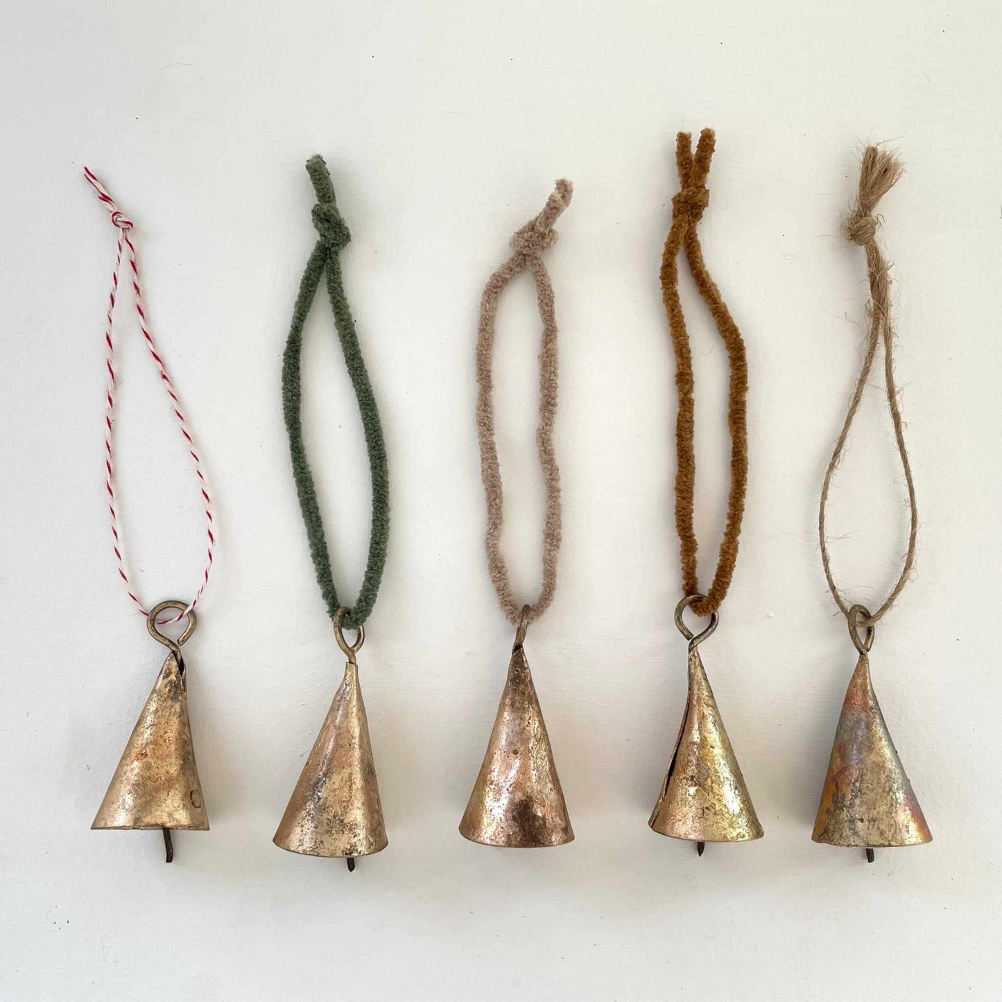 fort & field - 2" cone tin brass finish bell holiday Christmas ornament: Tan Suede-Like Cord - Curated Home Decor