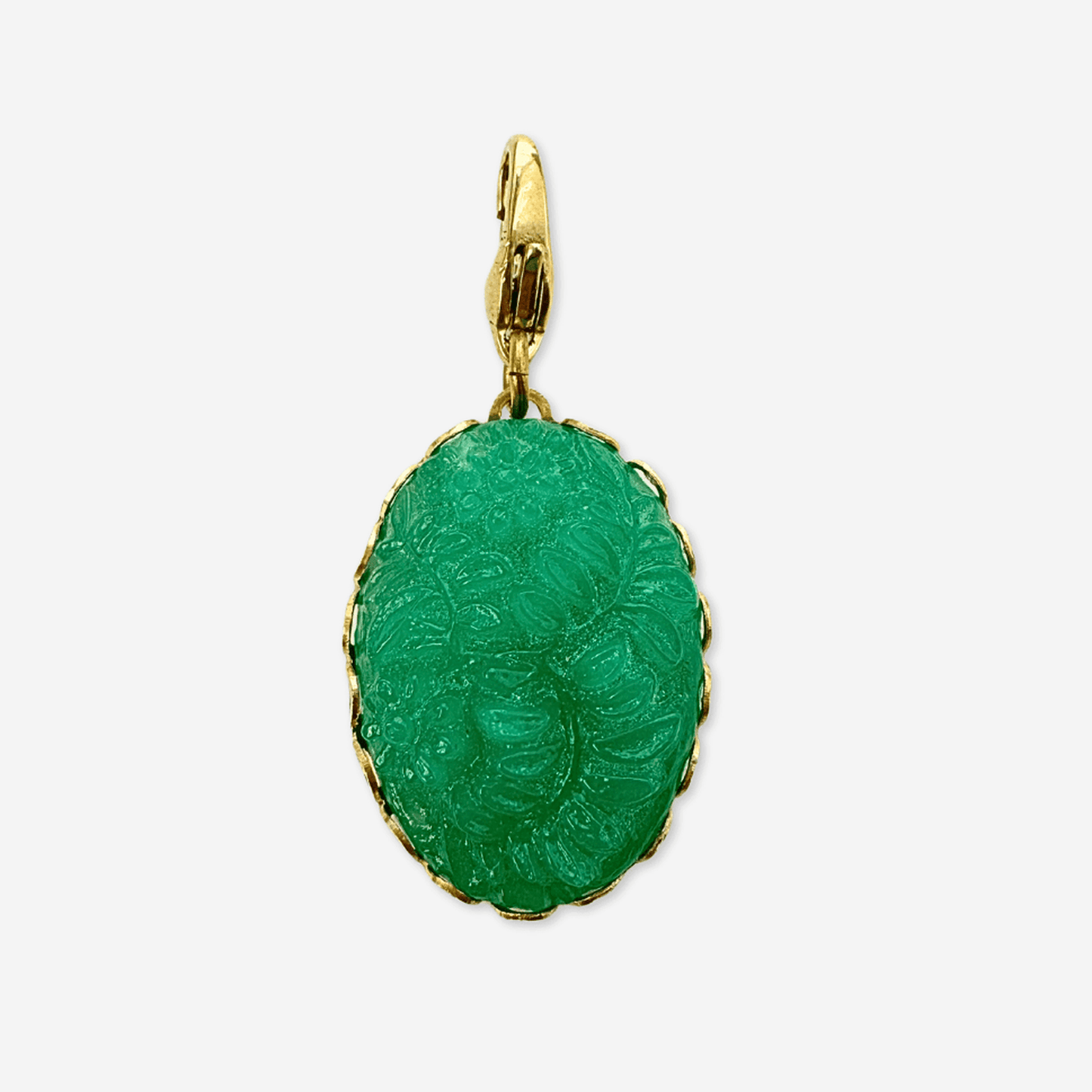 Vintage molded green glass jade oval charm with brass lace edge and lobster clasp