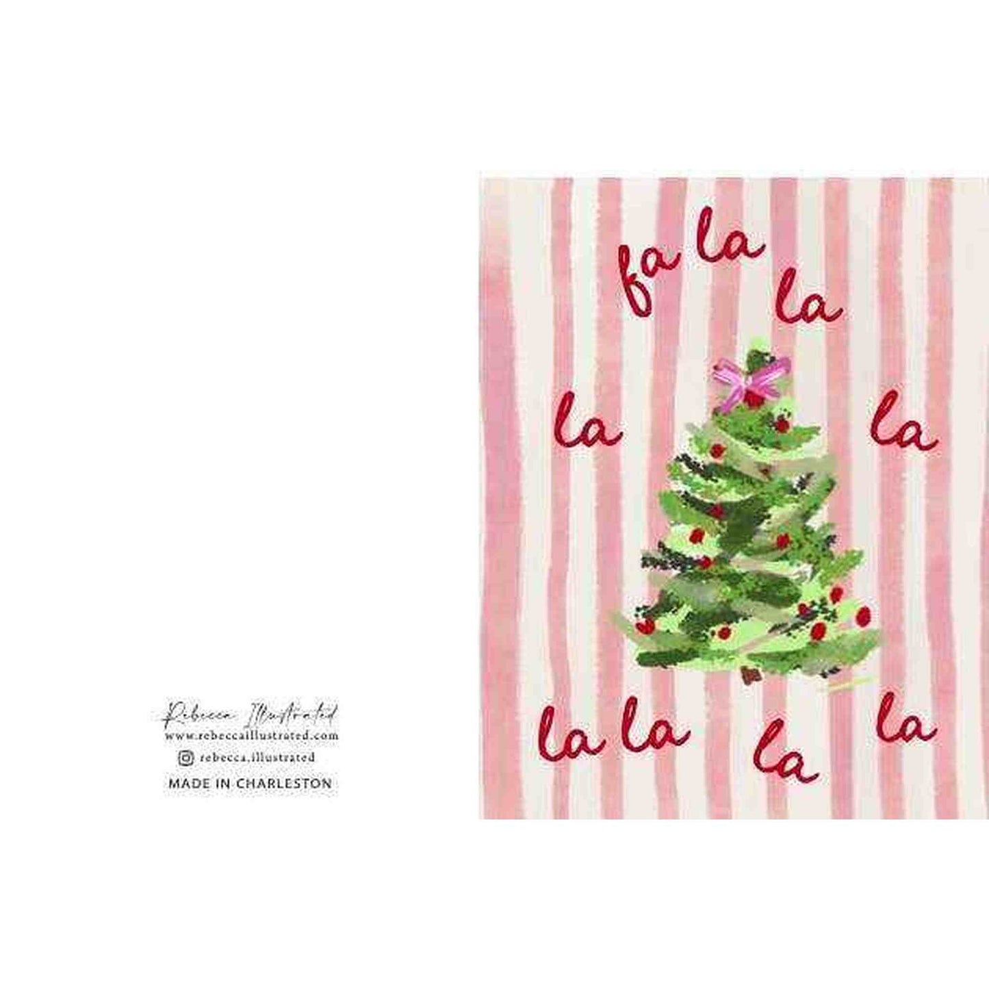 Fa La La Holiday Card with Christmas tree and red lettering on pink striped background
