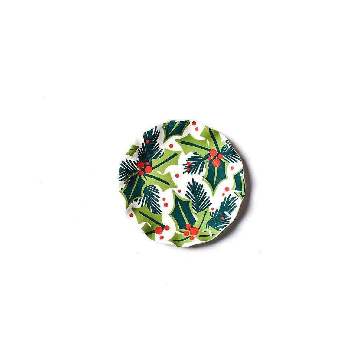 
                  
                    Holly Ruffle Salad Plate with festive holly and balsam leaves design, 8-inch diameter, holiday-themed ruffled rim plate
                  
                