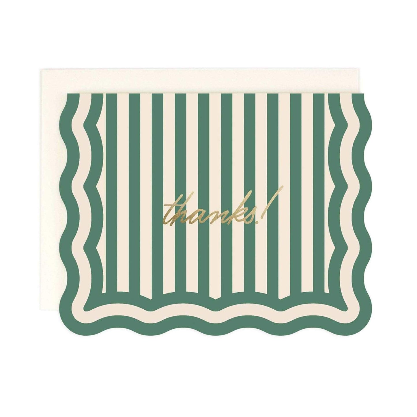 Striped note card with green and white stripes, scalloped edges, and gold foil "thanks!" text.