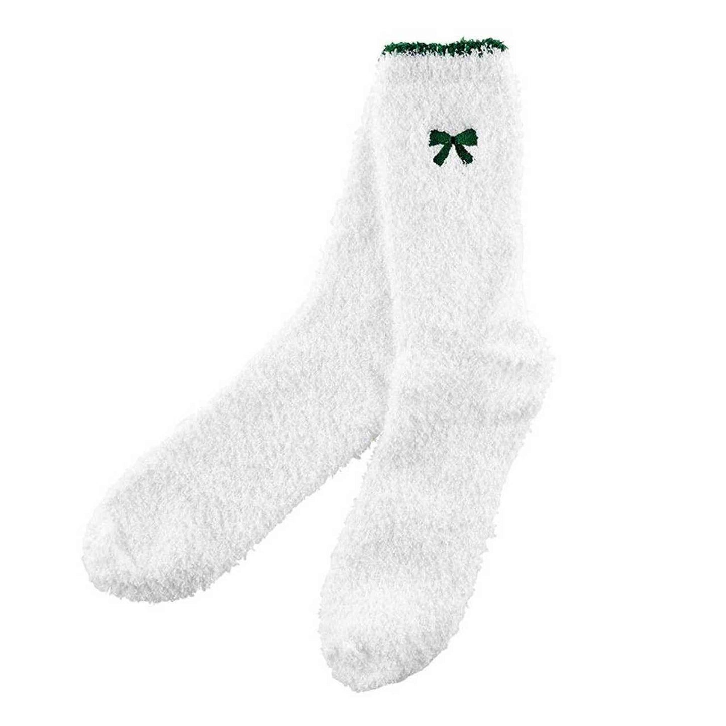 White cozy socks with green bow and plush texture for comfort
