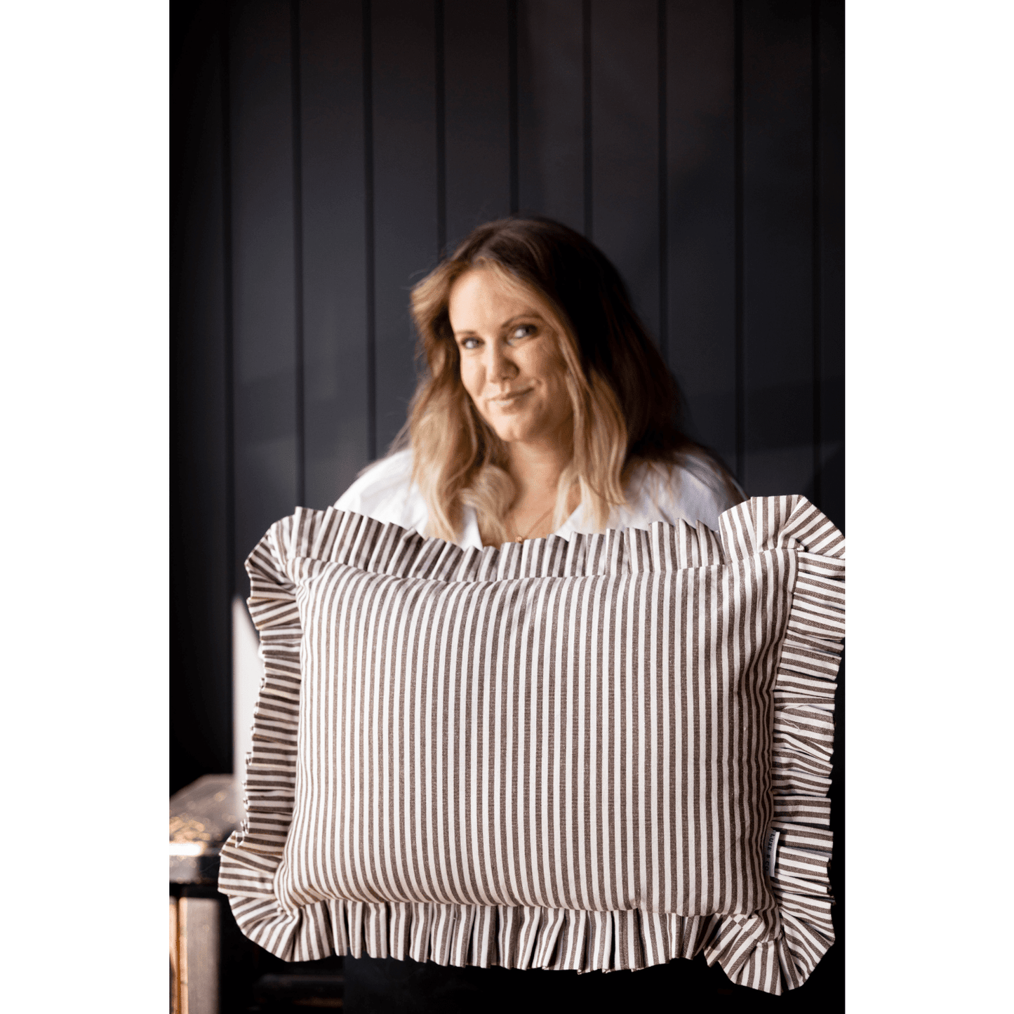 
                  
                    Ruffle Lumbar Pillow Cover Brown White Stripes: Pillow Cover & Insert - Curated Home Decor
                  
                