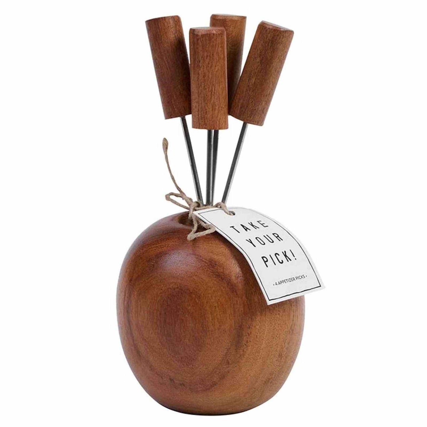 Set of 4 charcuterie appetizer picks with stainless steel tines and polished acacia wood handles in a wooden holder