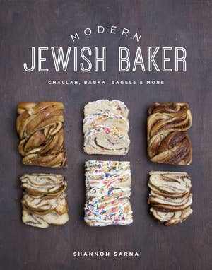 Modern Jewish Baker cookbook cover featuring challah, babka, and bagels by Shannon Sarna