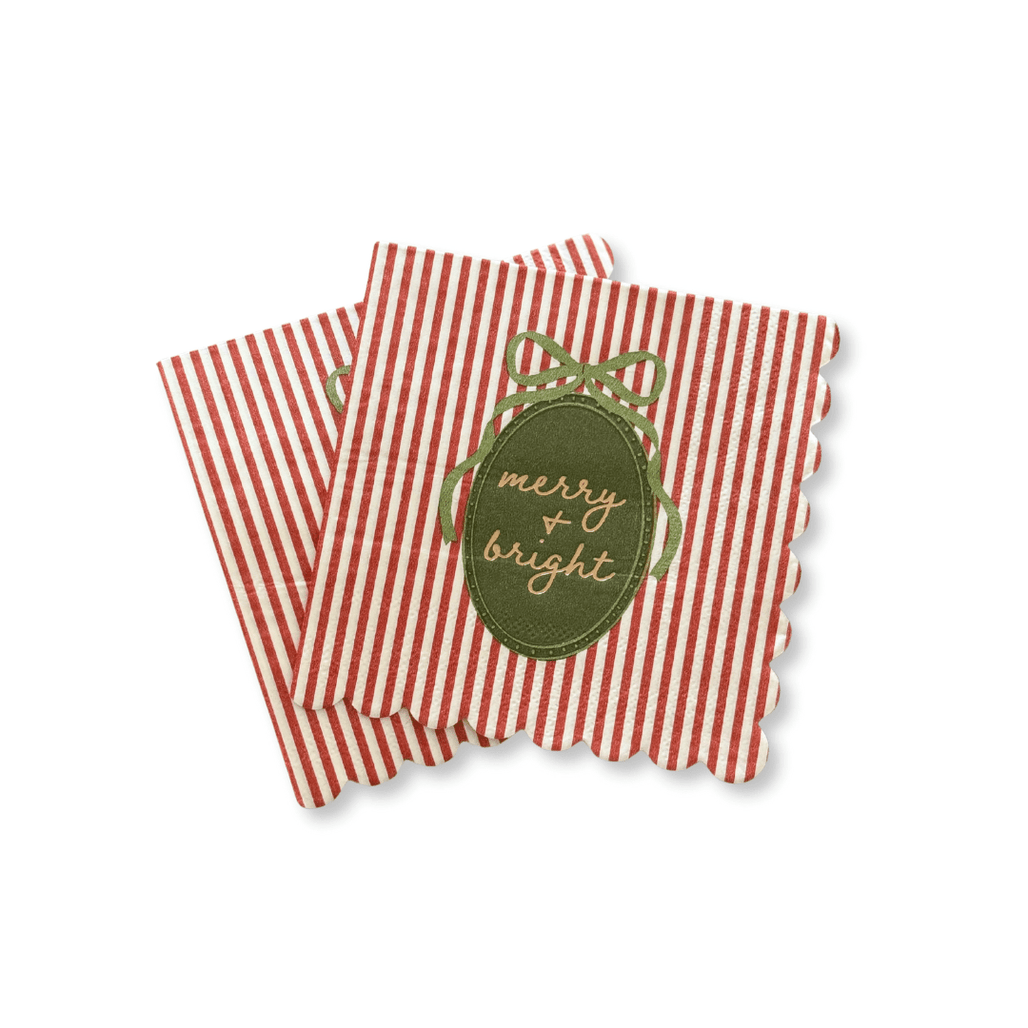 Hearth & Holiday scalloped edge beverage napkins with red Christmas stripes and "merry & bright" design, 5x5 inch, 3-ply disposable paper napkins.