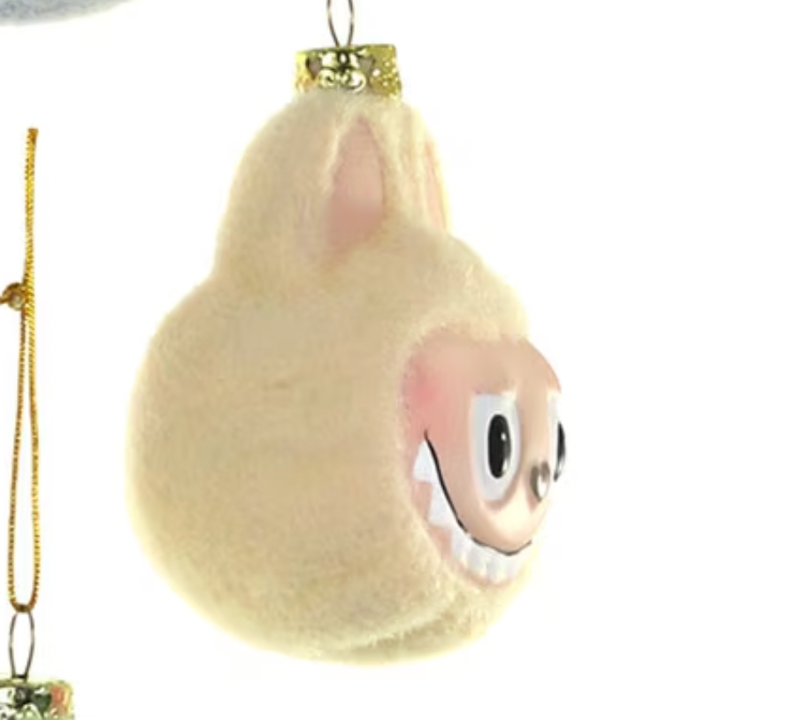 Santa's Sweet Shoppe yellow 3-inch glass fuzzy monster face Christmas ornament