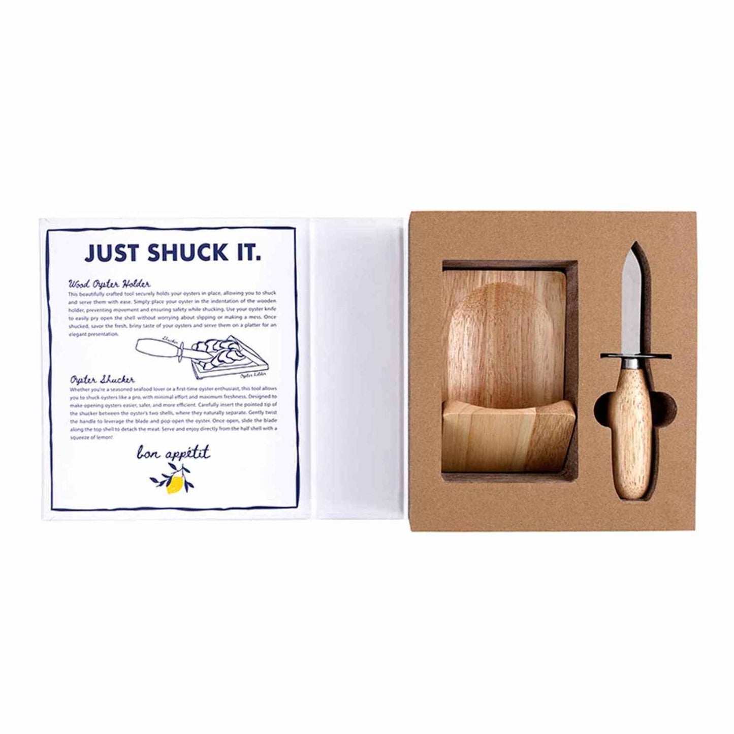 Oyster Shucker Book Box with stainless steel knife and wooden shell holder in decorative storage box