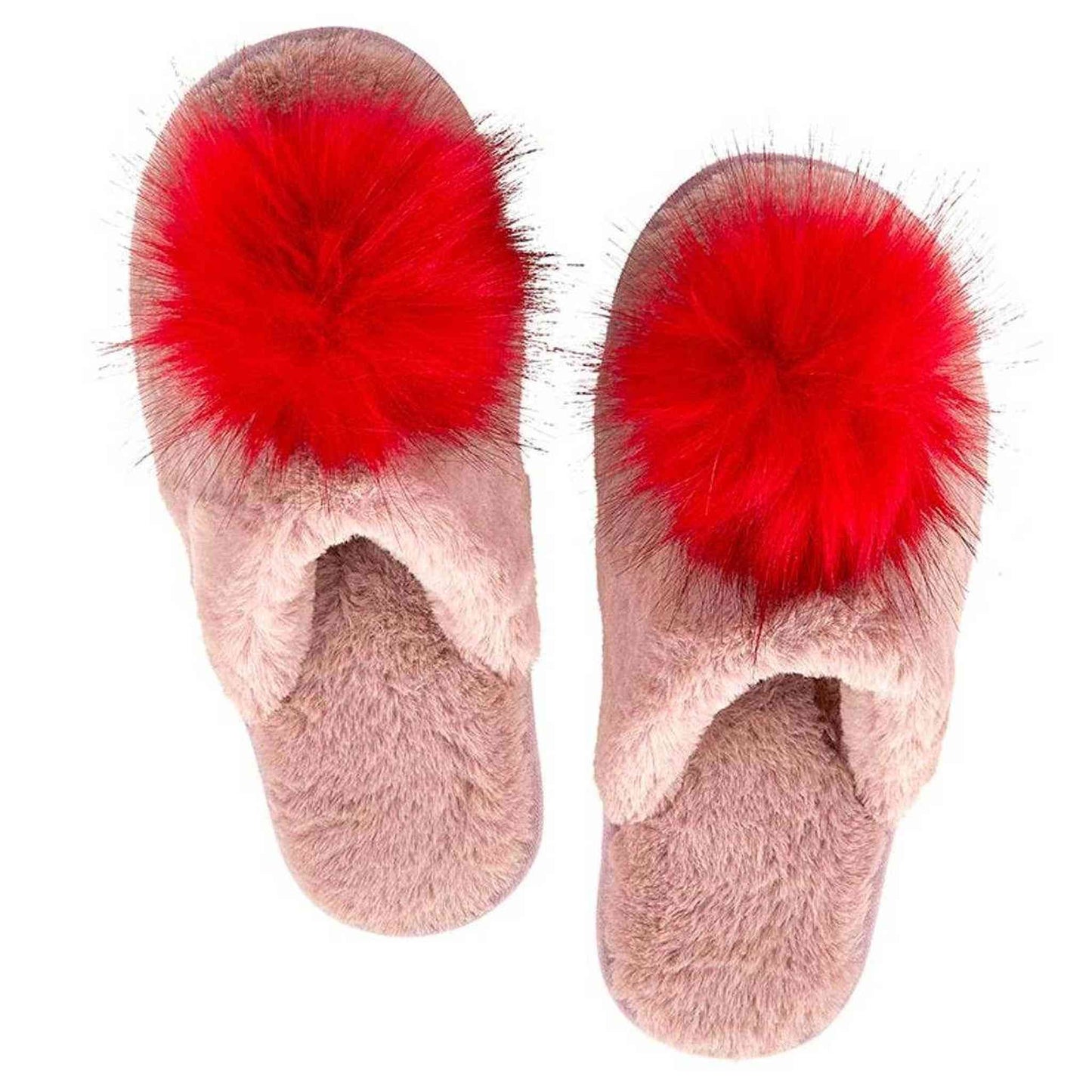 Blush plush slippers with red pom poms, small size, cozy and soft for indoor wear