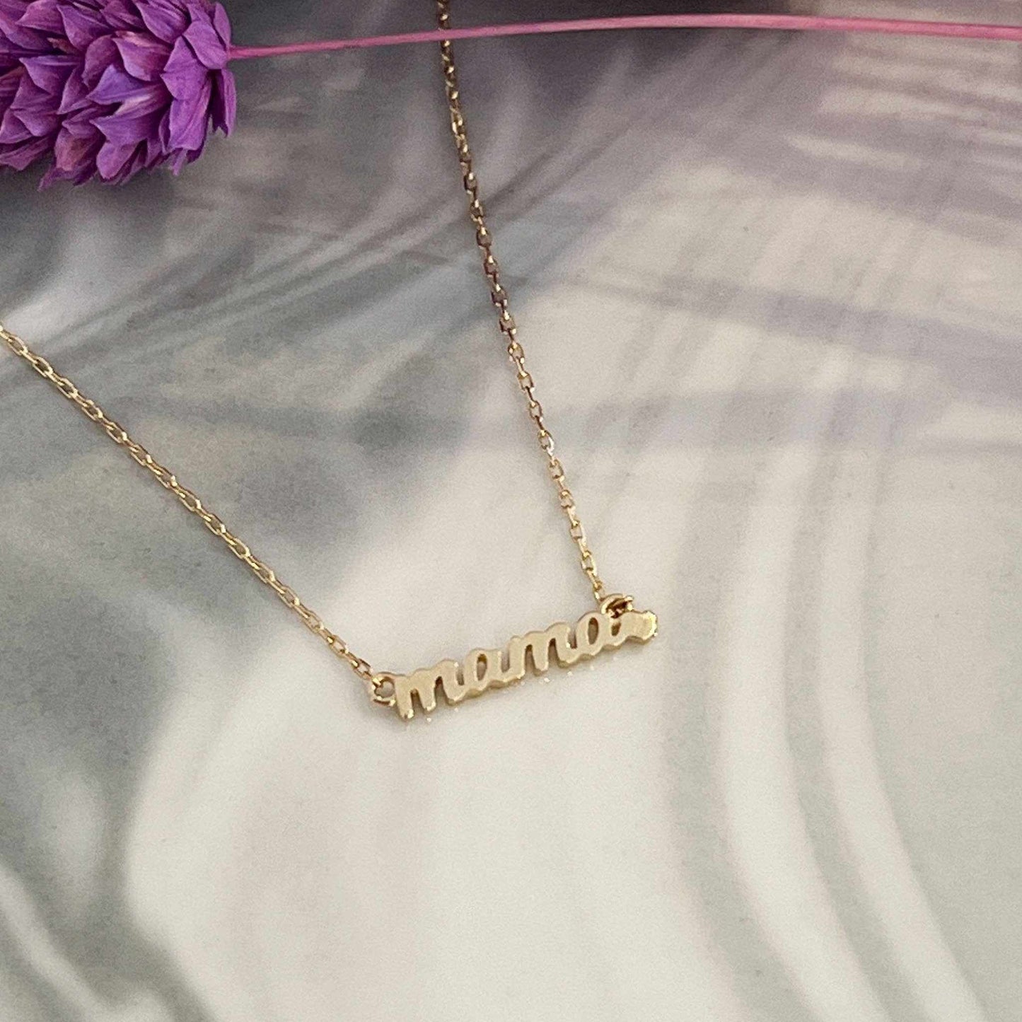 14kt gold necklace pendant with "mama" script and adjustable chain for mothers