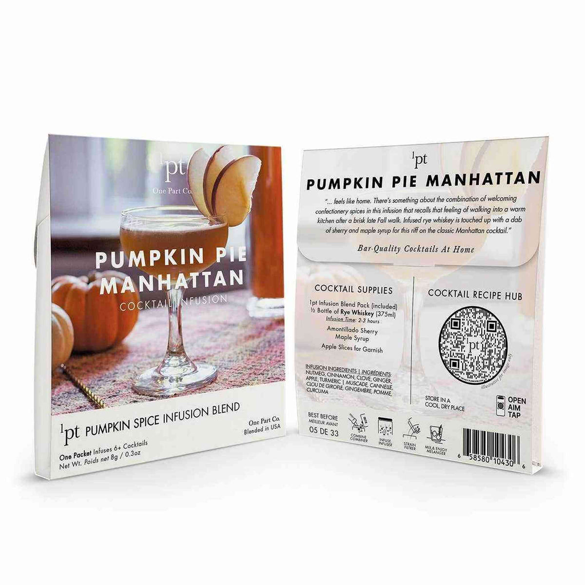 
                  
                    Pumpkin Pie Manhattan cocktail pack with pumpkin spice infusion blend and recipe QR code
                  
                